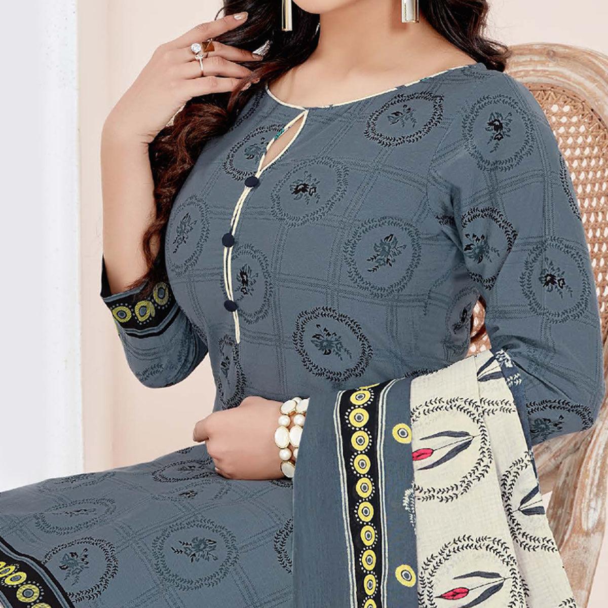 Grey Casual Wear Printed Cotton Patiala Dress Material - Peachmode