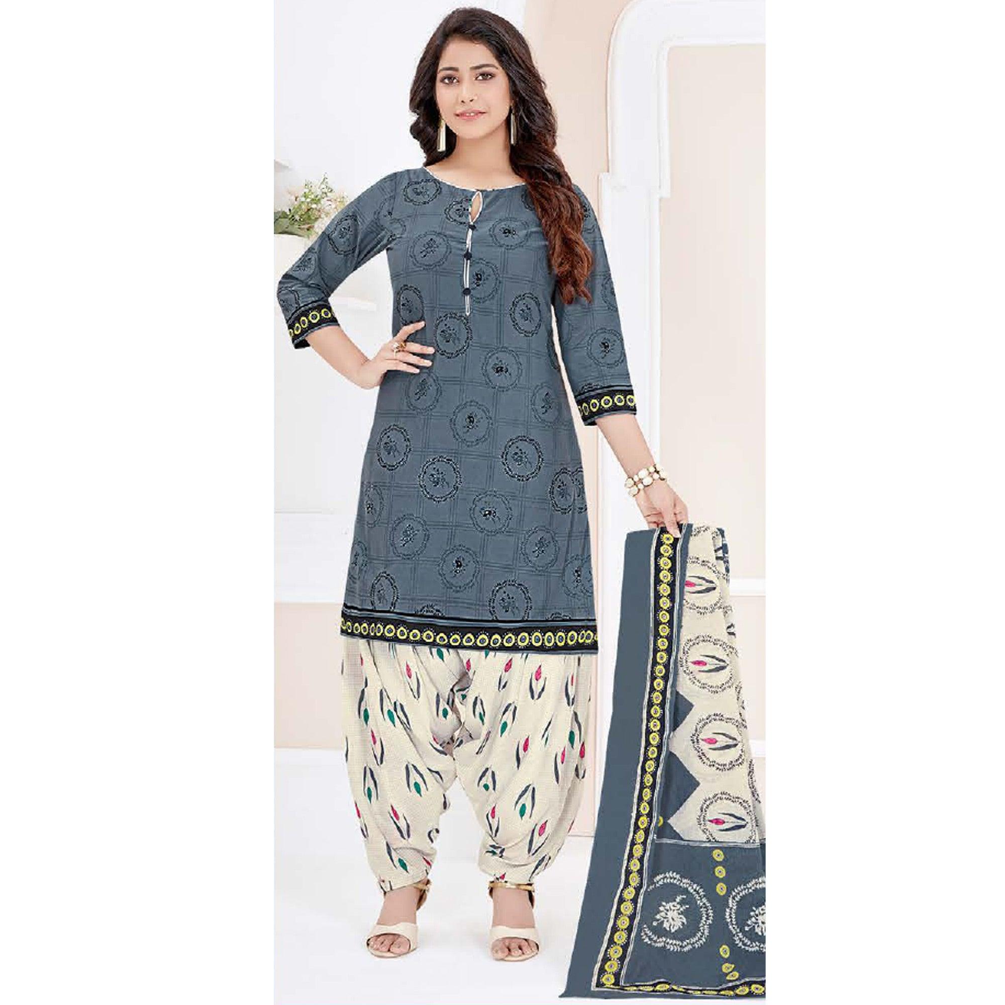 Grey Casual Wear Printed Cotton Patiala Dress Material - Peachmode