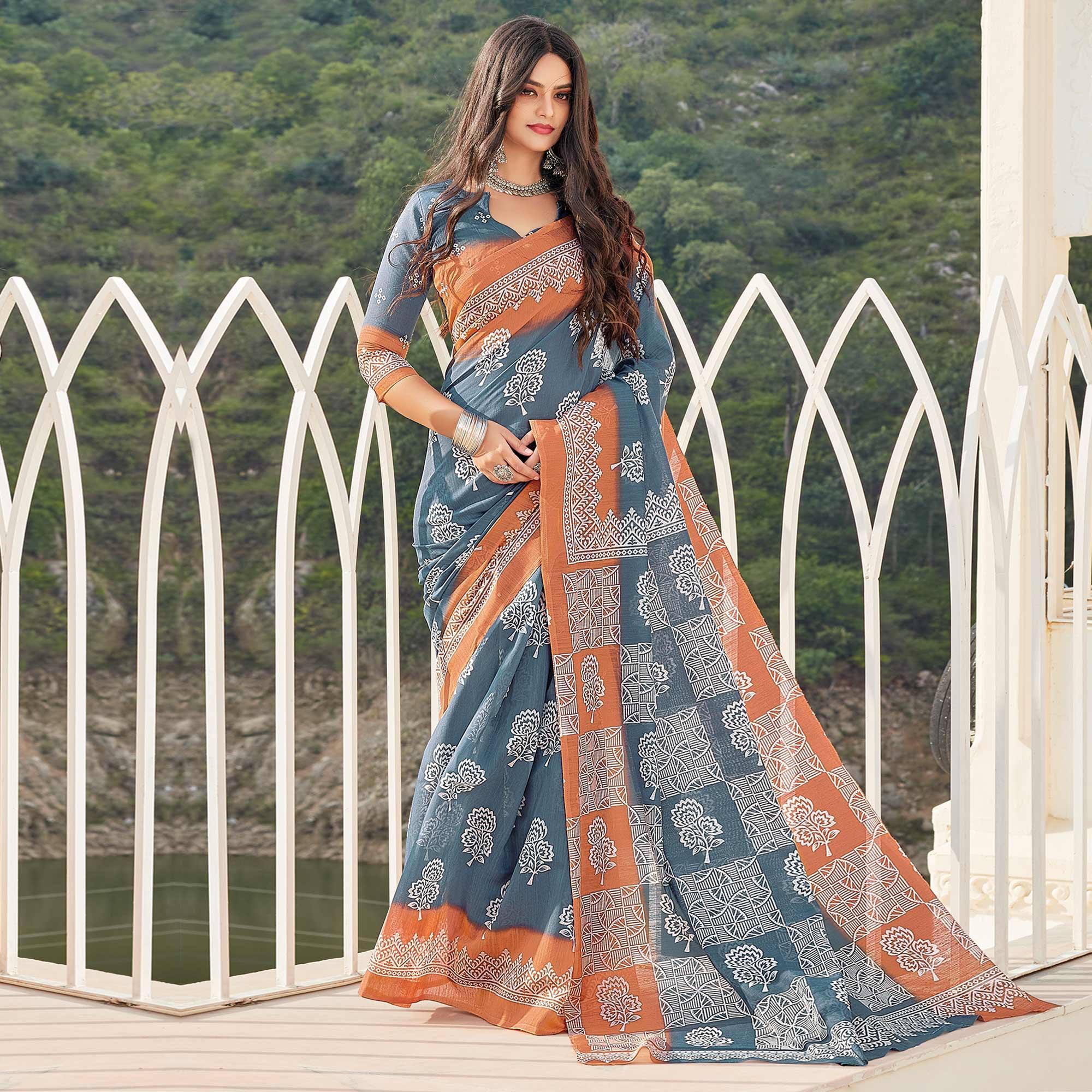 Grey Casual Wear Printed Cotton Saree - Peachmode