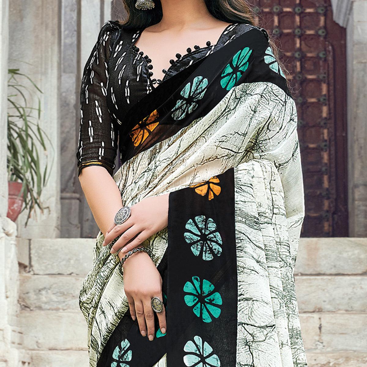 Grey Casual Wear Printed Cotton Saree - Peachmode