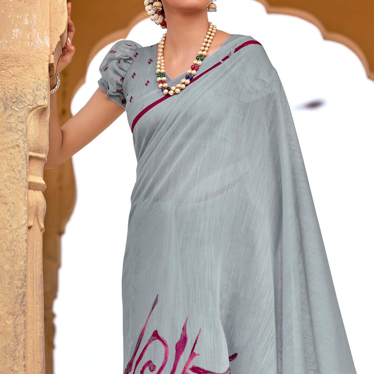 Grey Casual Wear Printed Cotton Silk Saree - Peachmode
