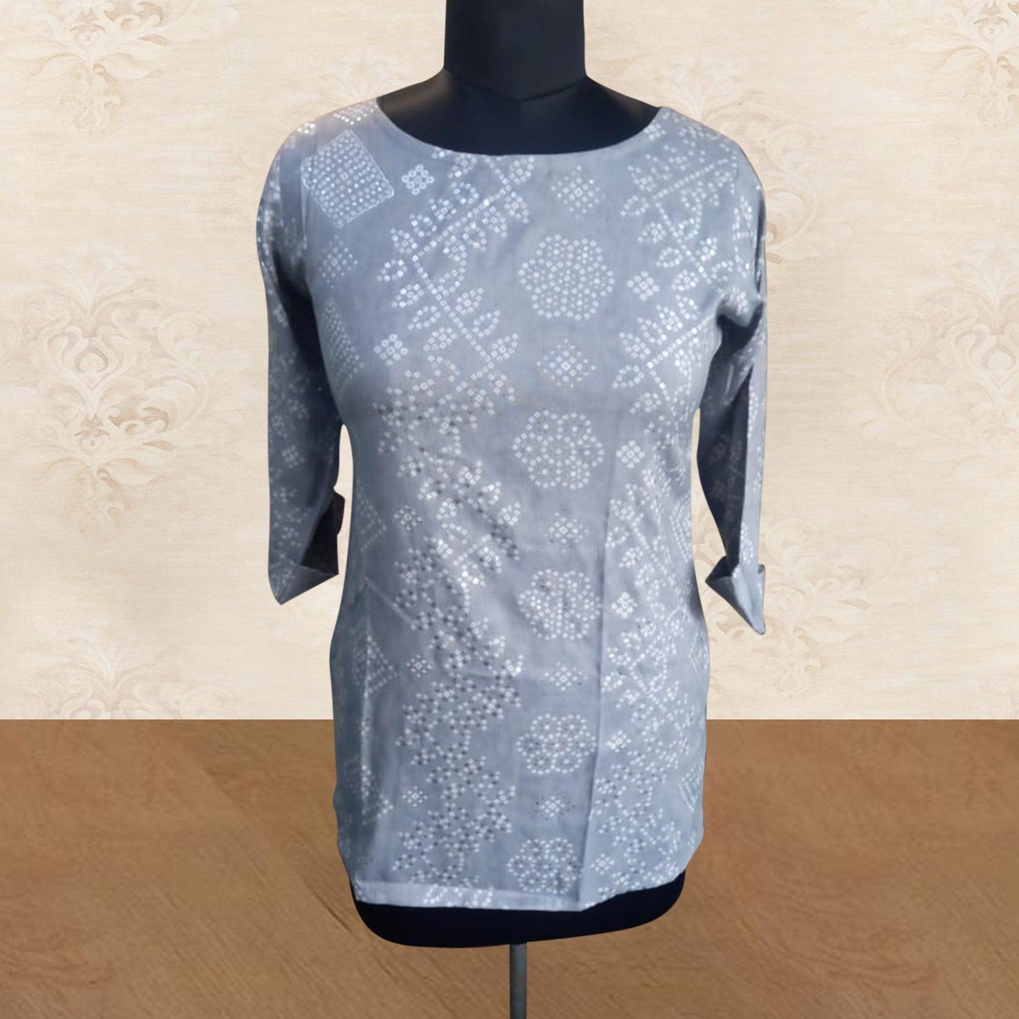 Grey Casual Wear Printed Cotton Top - Peachmode