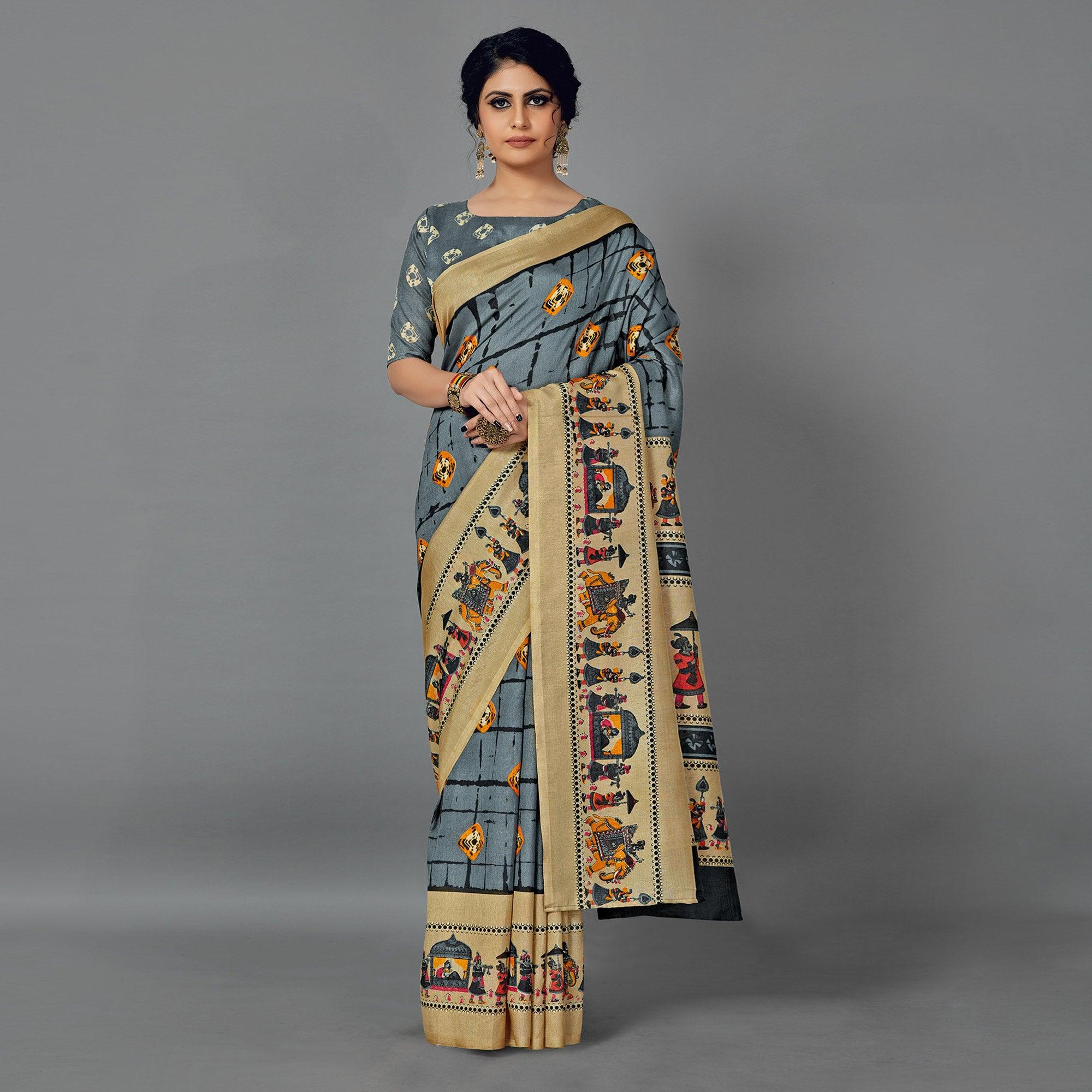 Grey Casual Wear Printed Dhapa Silk Saree - Peachmode