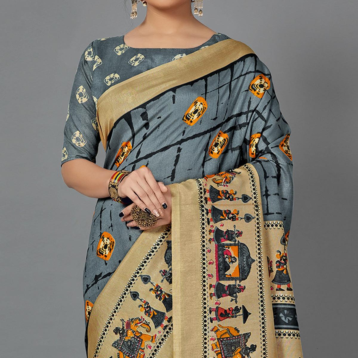 Grey Casual Wear Printed Dhapa Silk Saree - Peachmode