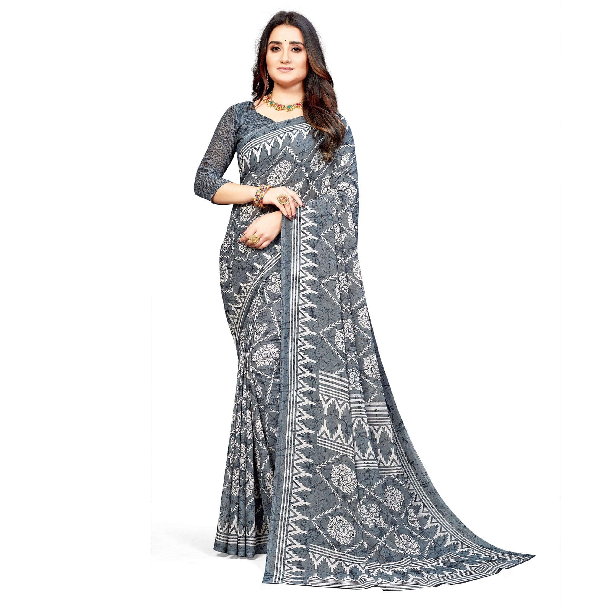 Grey Casual Wear Printed Georgette Saree - Peachmode