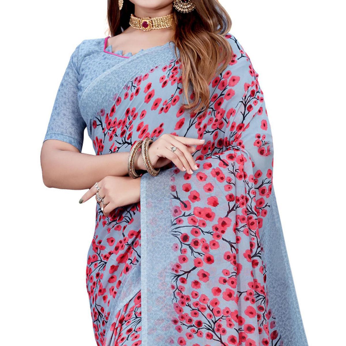 Grey Casual Wear Printed Georgette Saree - Peachmode