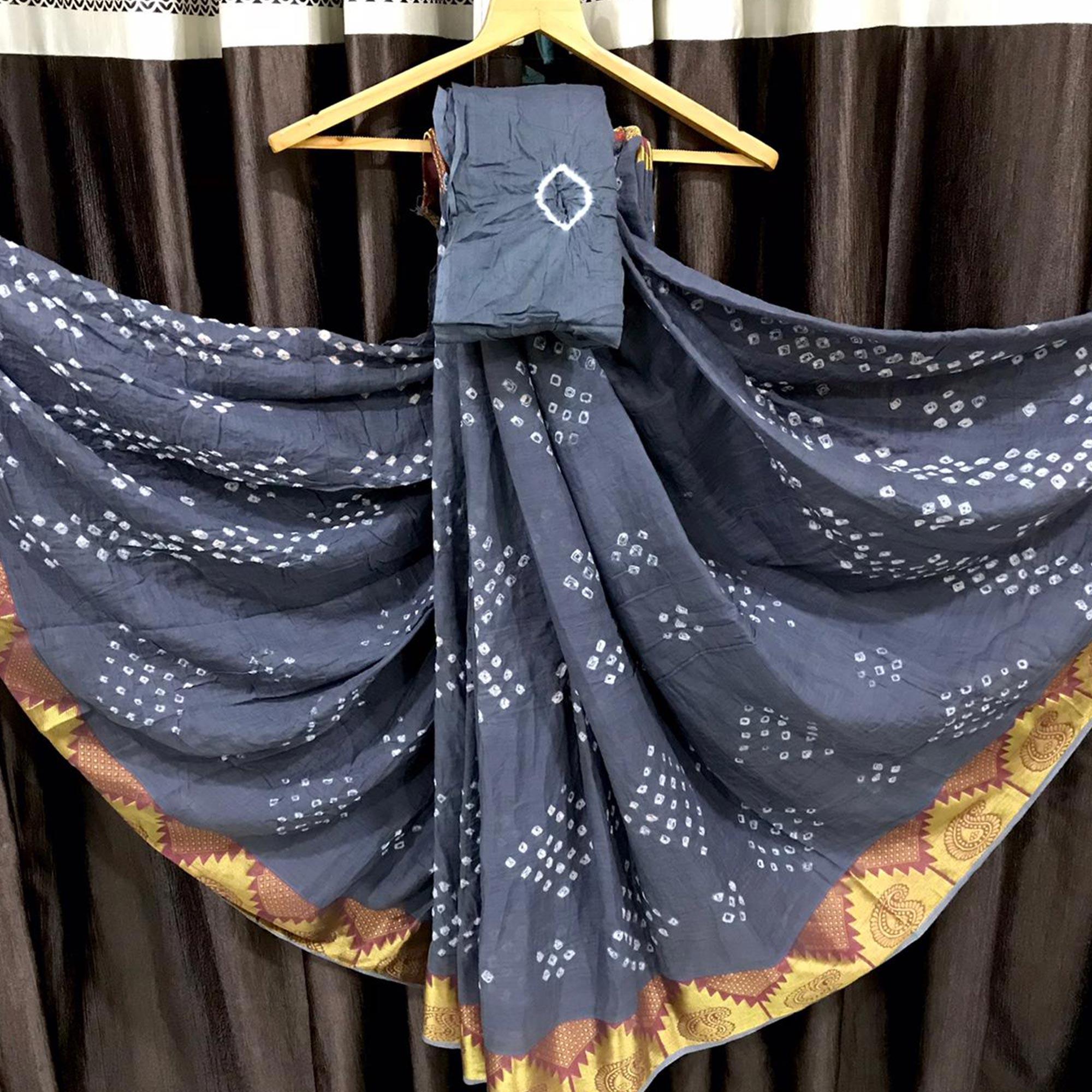 Grey Casual Wear Printed Hand Bandhej Zari Border Pure Cotton Saree - Peachmode