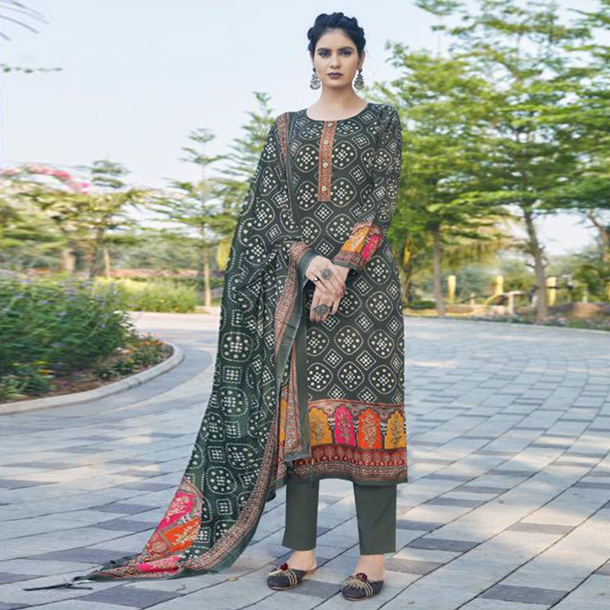 Grey Casual Wear Printed Jam Satin Suit - Peachmode