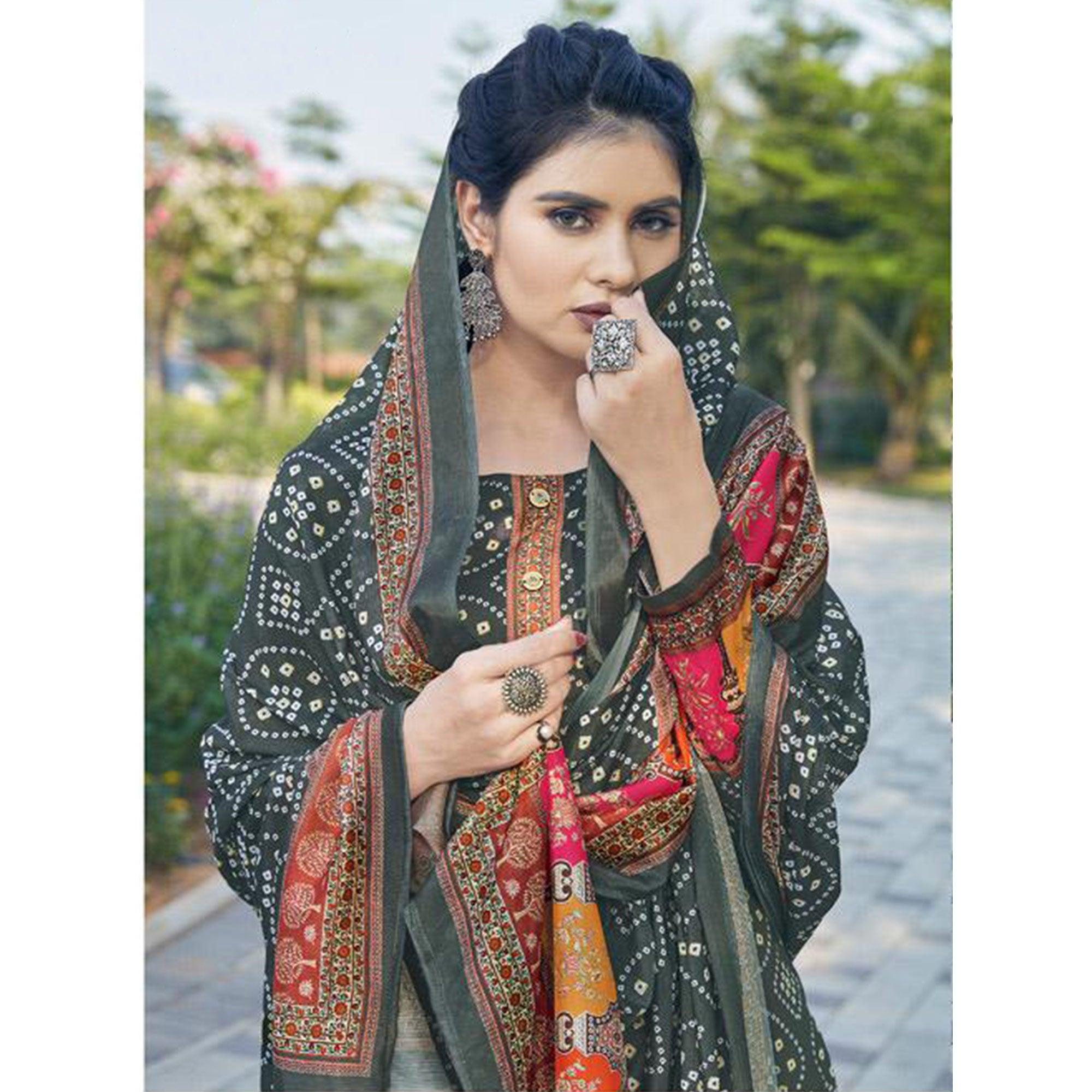 Grey Casual Wear Printed Jam Satin Suit - Peachmode