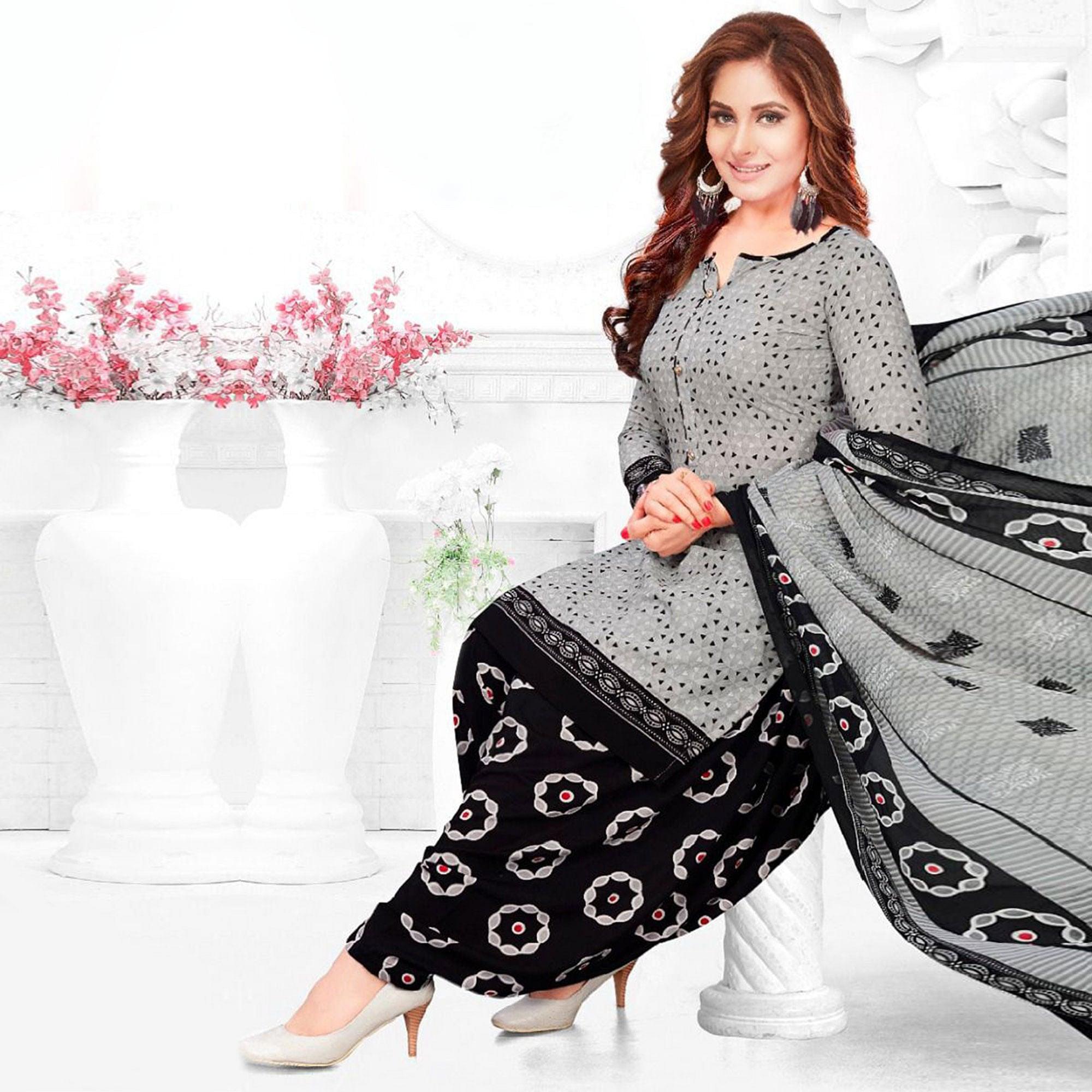 Grey Casual Wear Printed Leon Patiala Dress Material - Peachmode