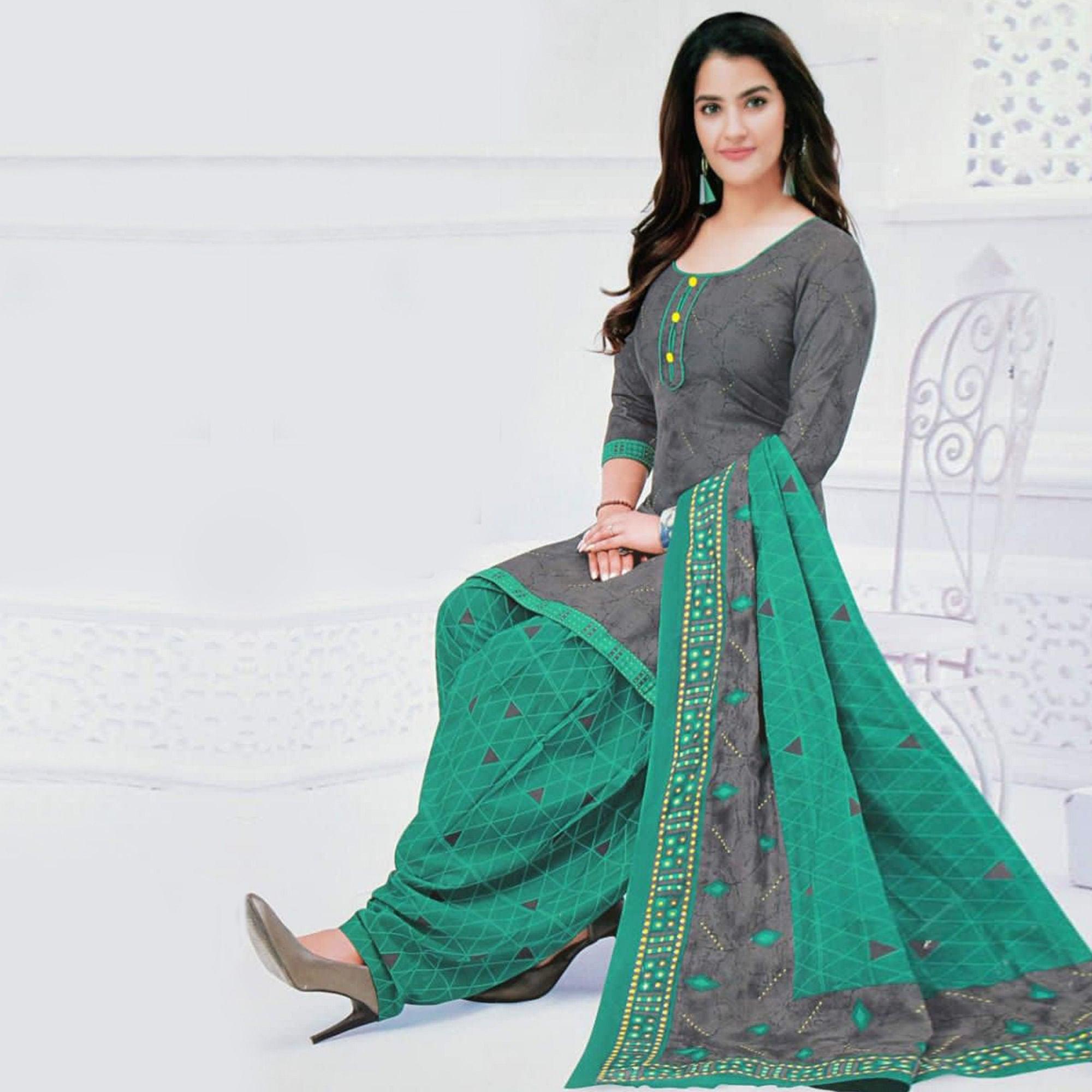 Grey Casual Wear Printed Leon Patiala Dress Material - Peachmode