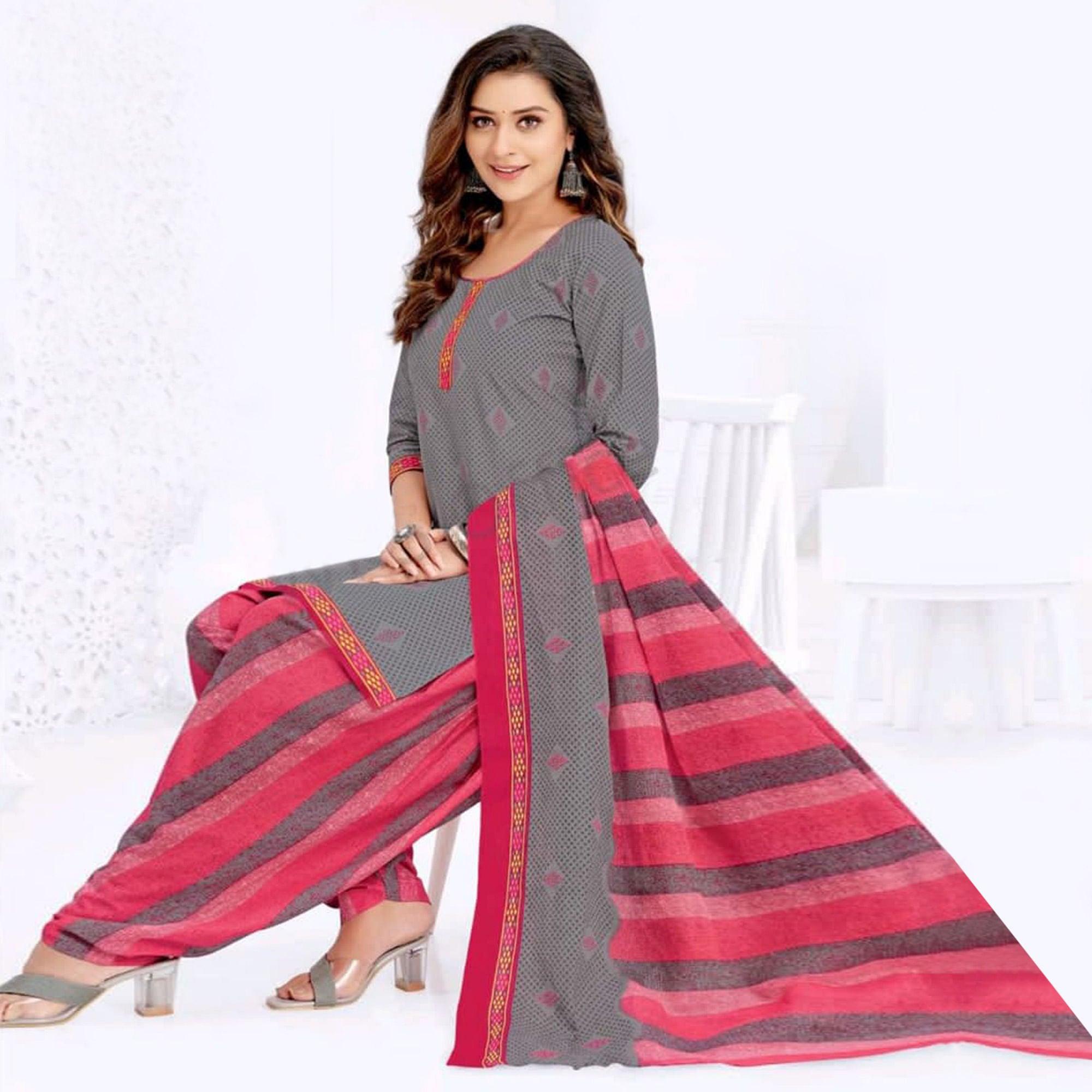 Grey Casual Wear Printed Leon Patiala Dress Material - Peachmode