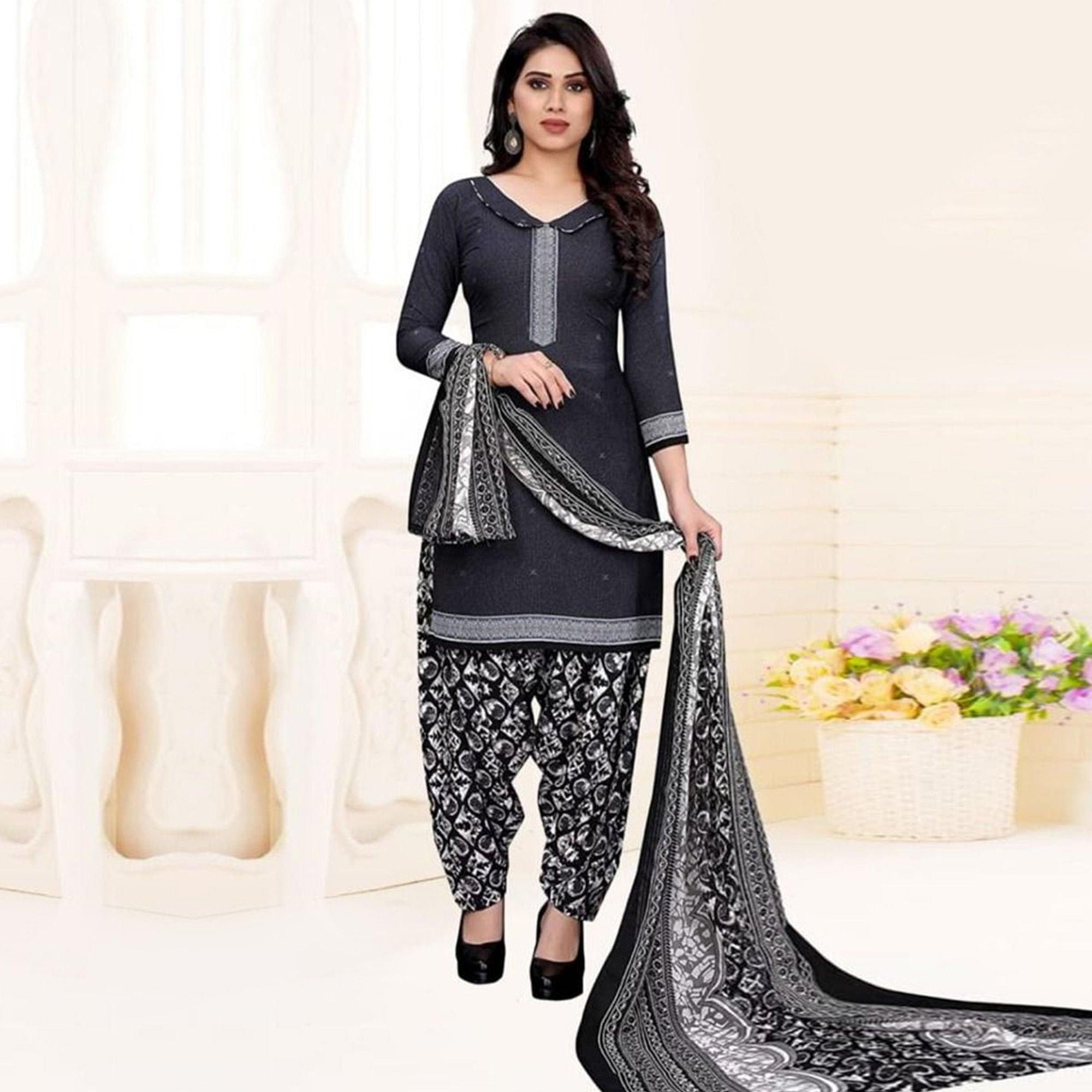 Grey Casual Wear Printed Leon Patiala Dress Material - Peachmode