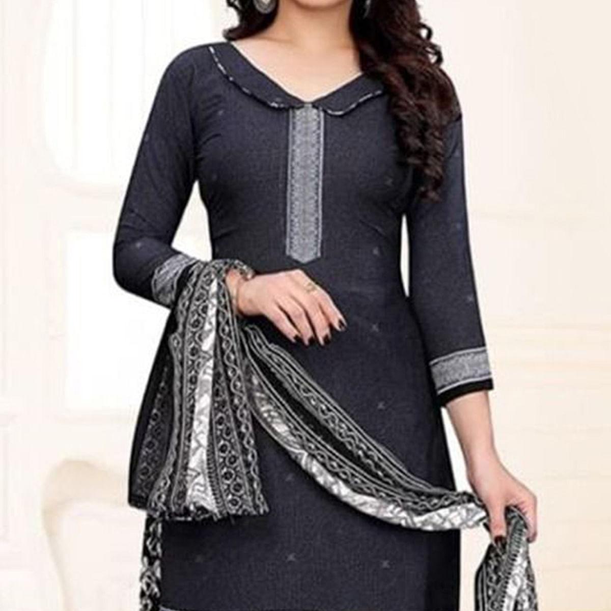 Grey Casual Wear Printed Leon Patiala Dress Material - Peachmode