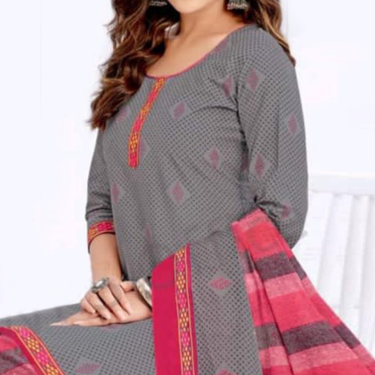 Grey Casual Wear Printed Leon Patiala Dress Material - Peachmode