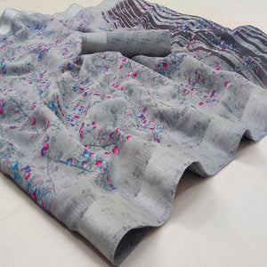Grey Casual Wear Printed Linen Cotton Saree - Peachmode
