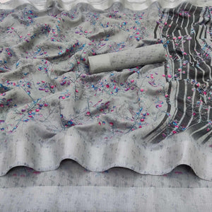 Grey Casual Wear Printed Linen Cotton Saree - Peachmode