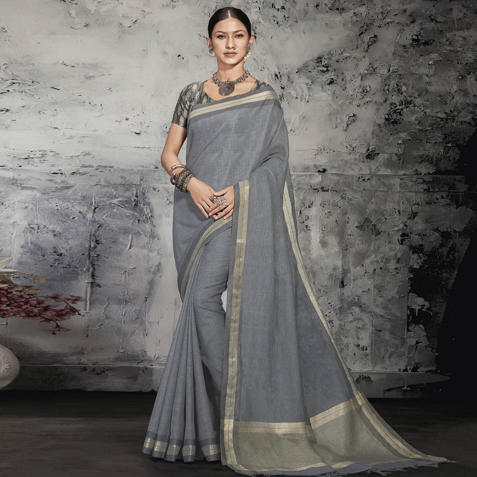 Grey Casual Wear Printed Linen Saree - Peachmode