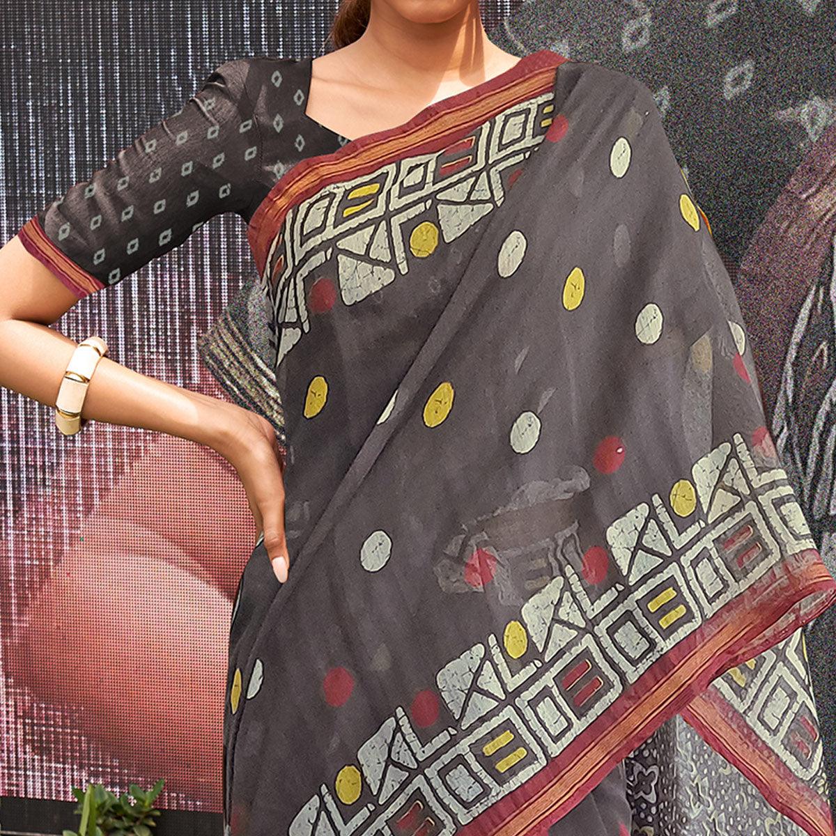 Grey Casual Wear Printed Linen Saree - Peachmode