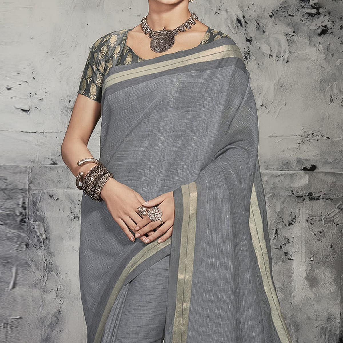 Grey Casual Wear Printed Linen Saree - Peachmode