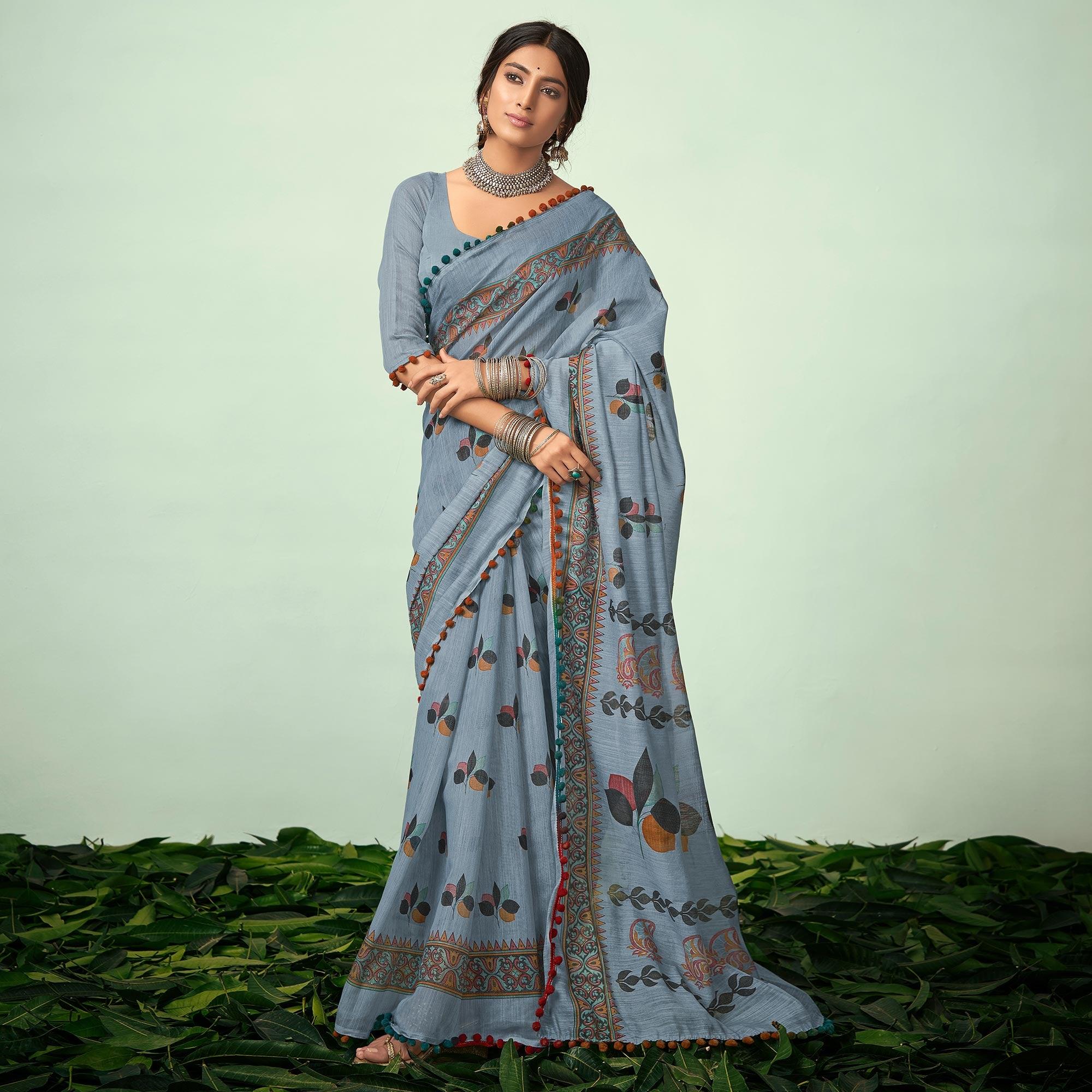 Grey Casual Wear Printed Mul Mul Cotton Saree - Peachmode
