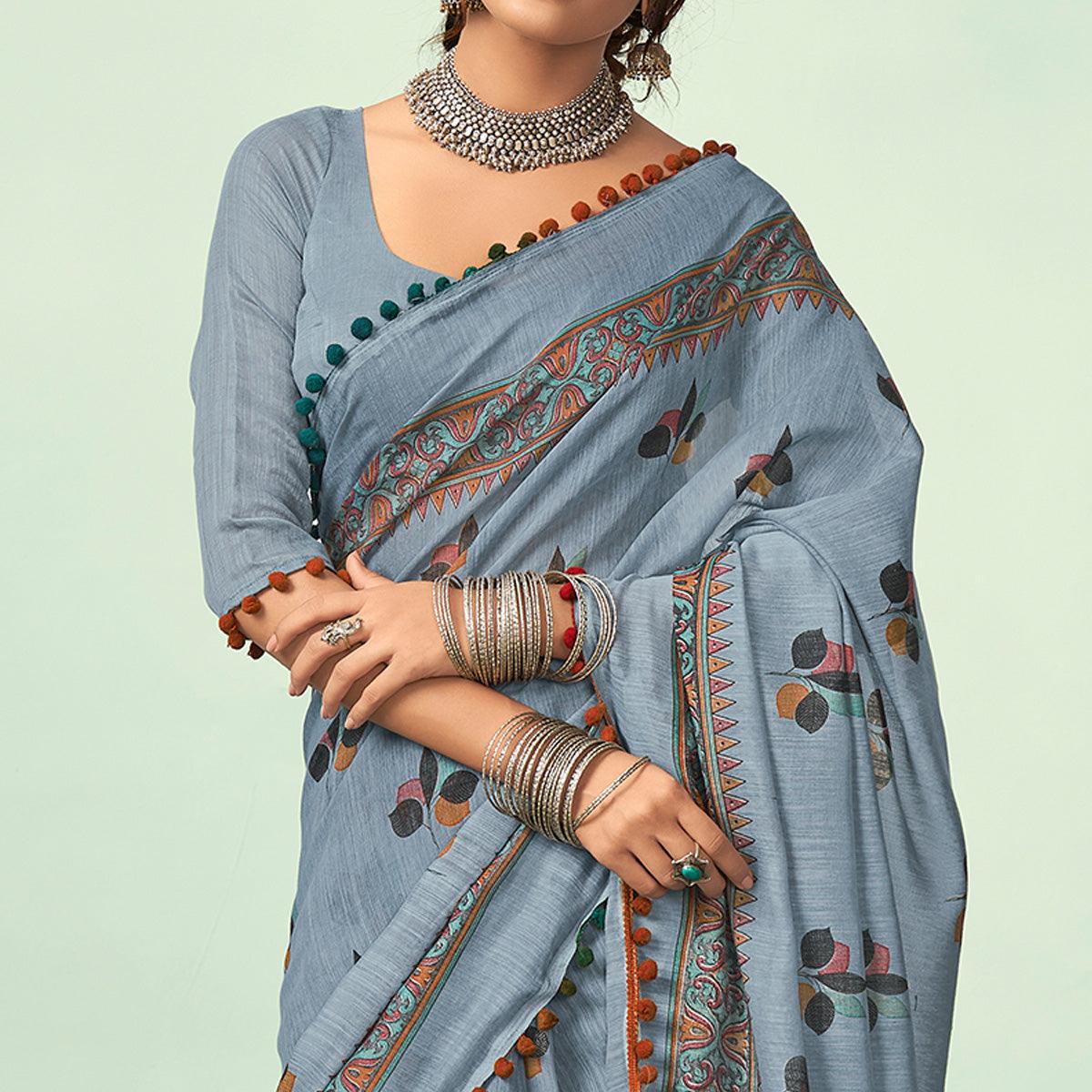 Grey Casual Wear Printed Mul Mul Cotton Saree - Peachmode