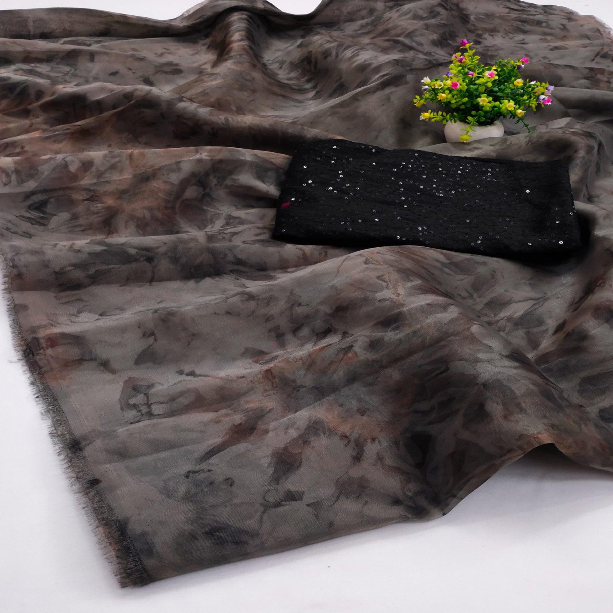 Grey Casual Wear Printed Organza Saree - Peachmode