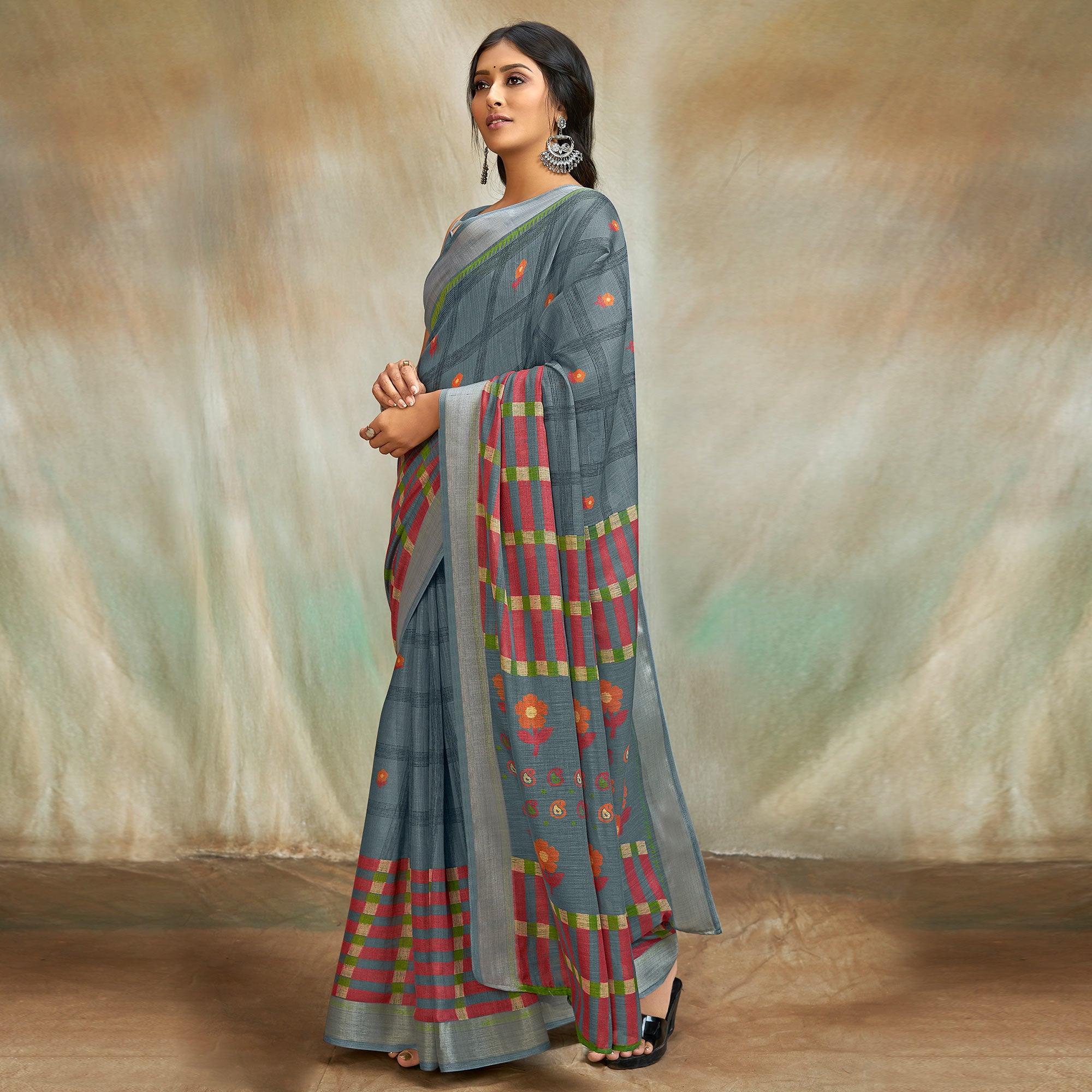 Grey Casual Wear Printed Pure Linen Saree - Peachmode