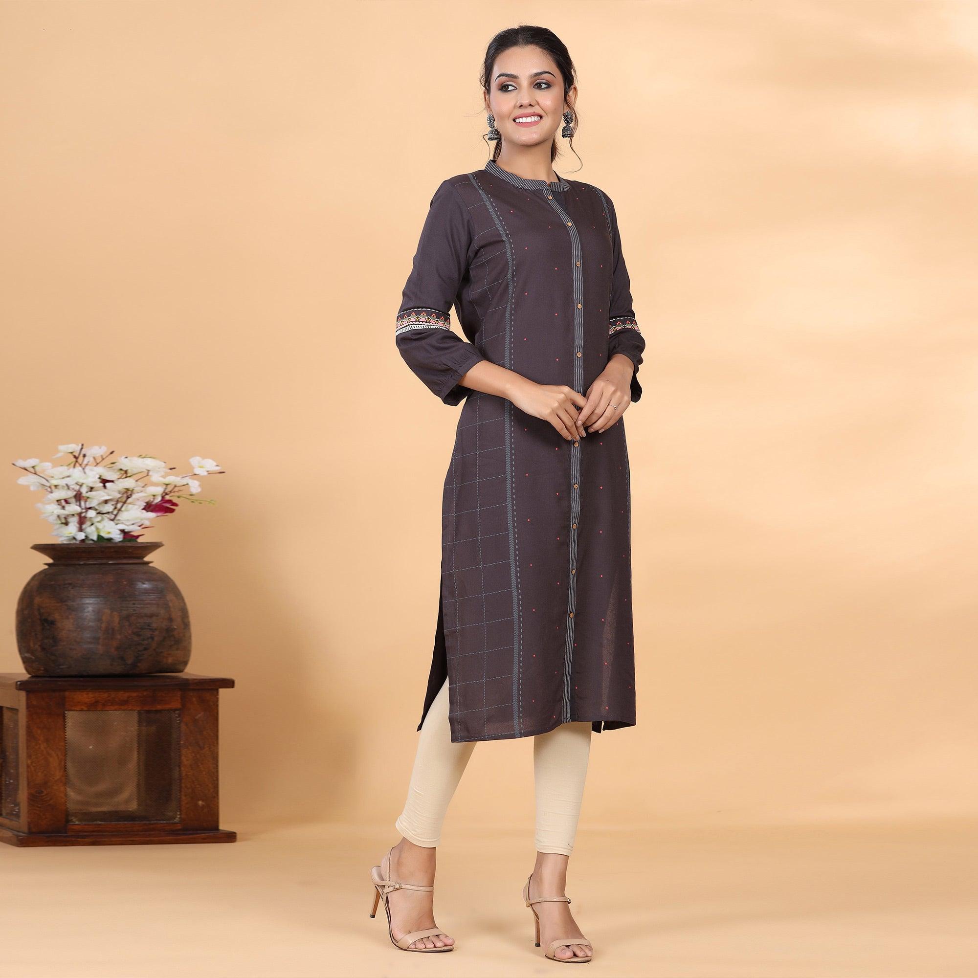 Grey Casual Wear Printed Rayon Kurti - Peachmode