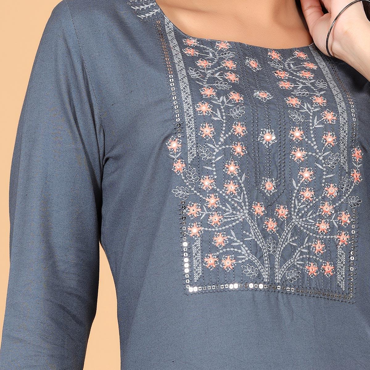 Grey Casual Wear Printed Rayon Kurti - Peachmode