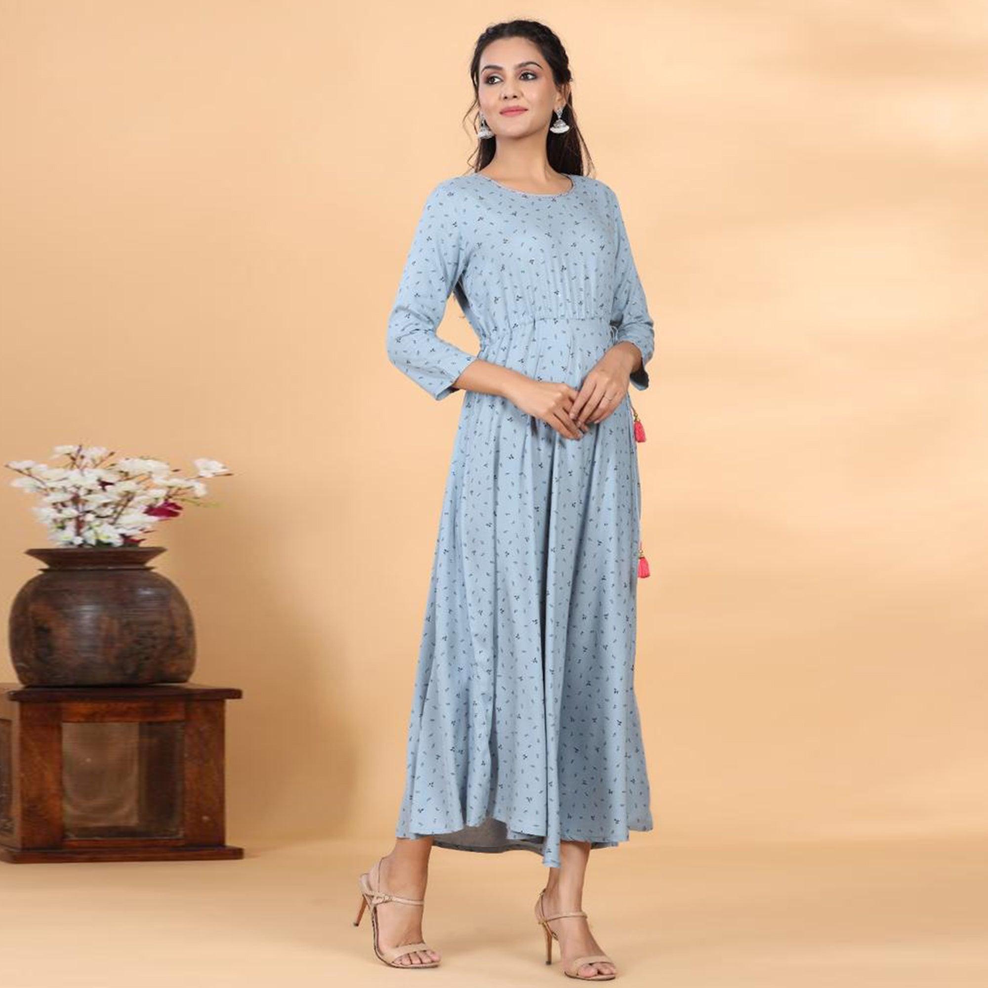 Grey Casual Wear Printed Rayon Long Kurti - Peachmode