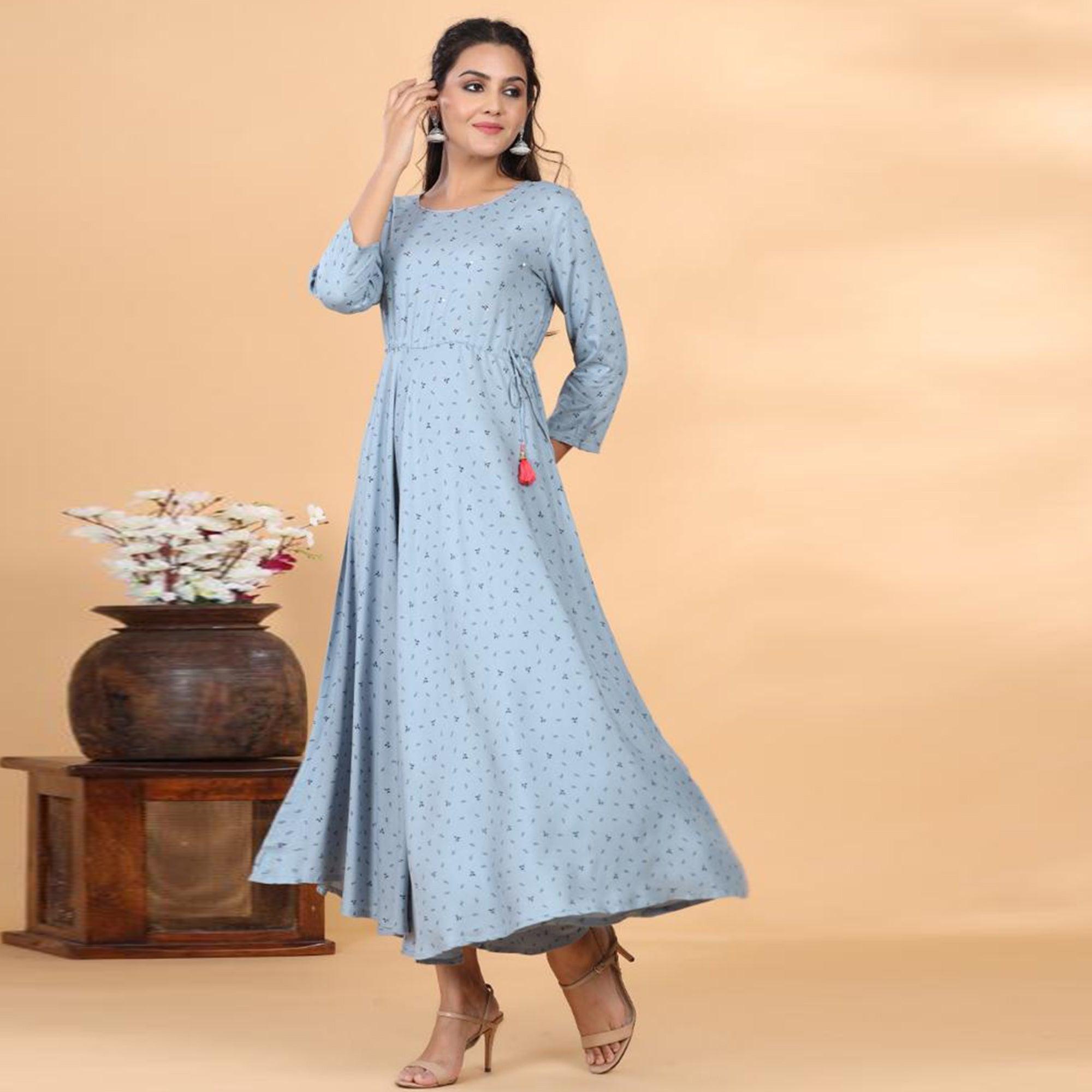 Grey Casual Wear Printed Rayon Long Kurti - Peachmode