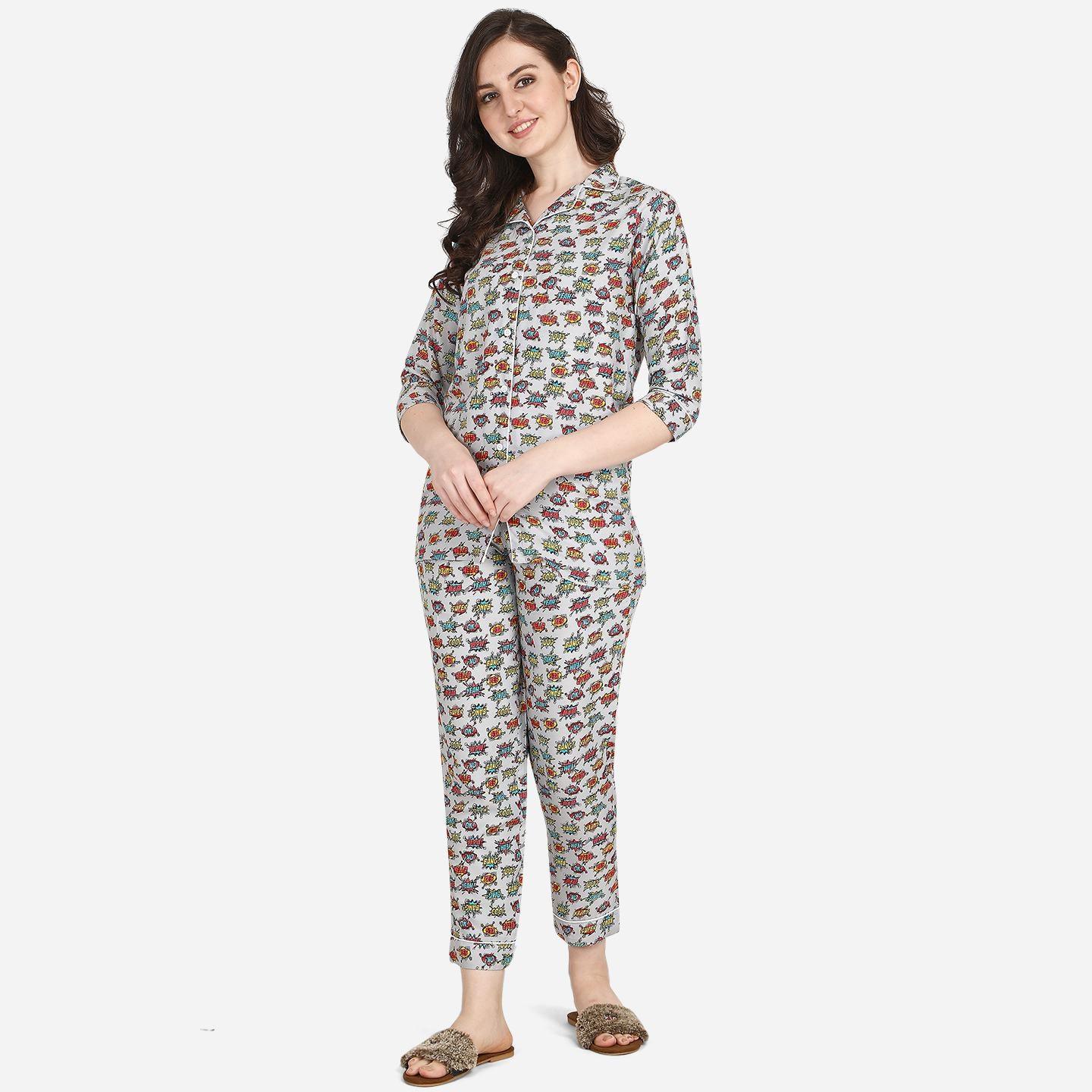 Grey Casual Wear Printed Rayon Night Suit - Peachmode
