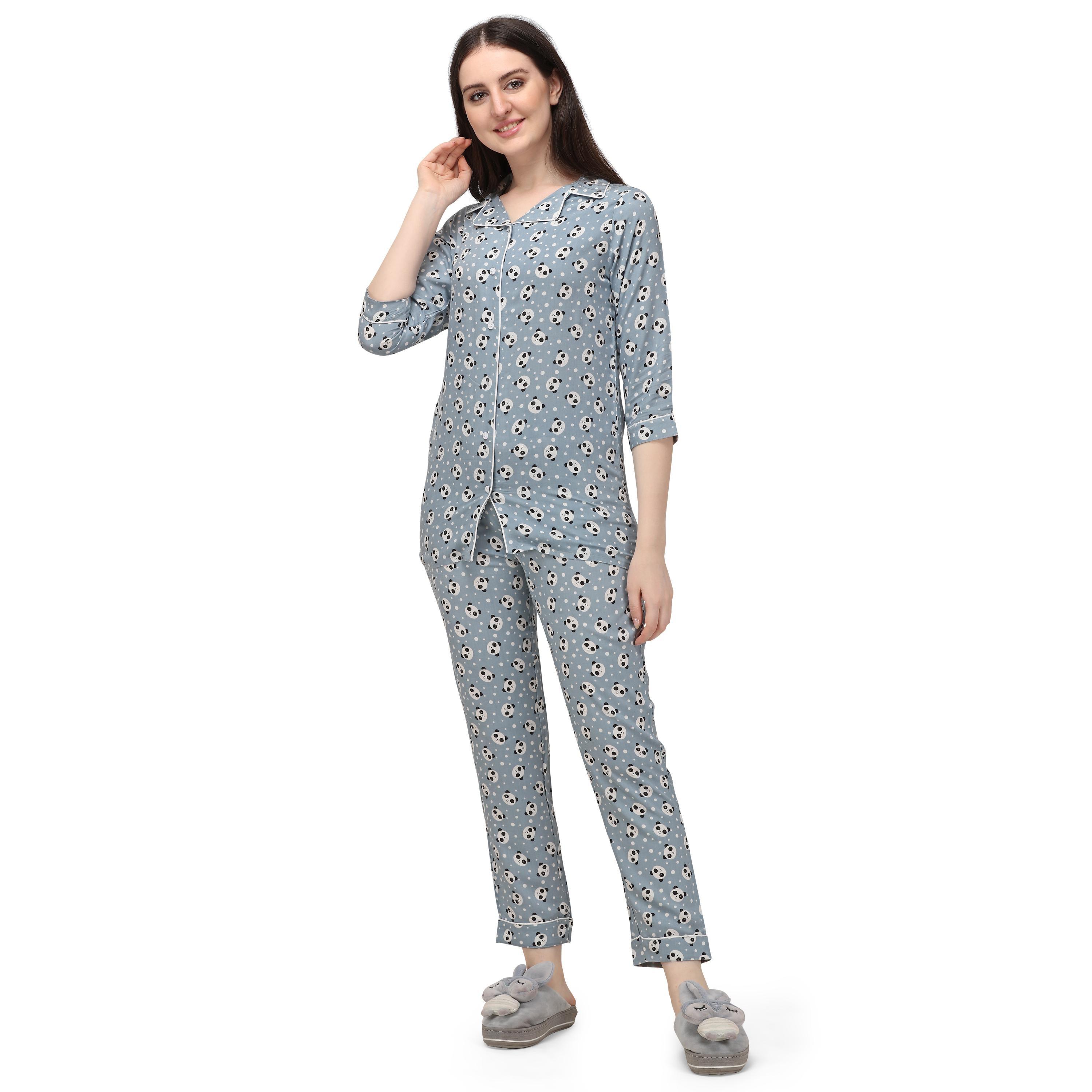 Grey Casual Wear Printed Rayon Night Suit - Peachmode