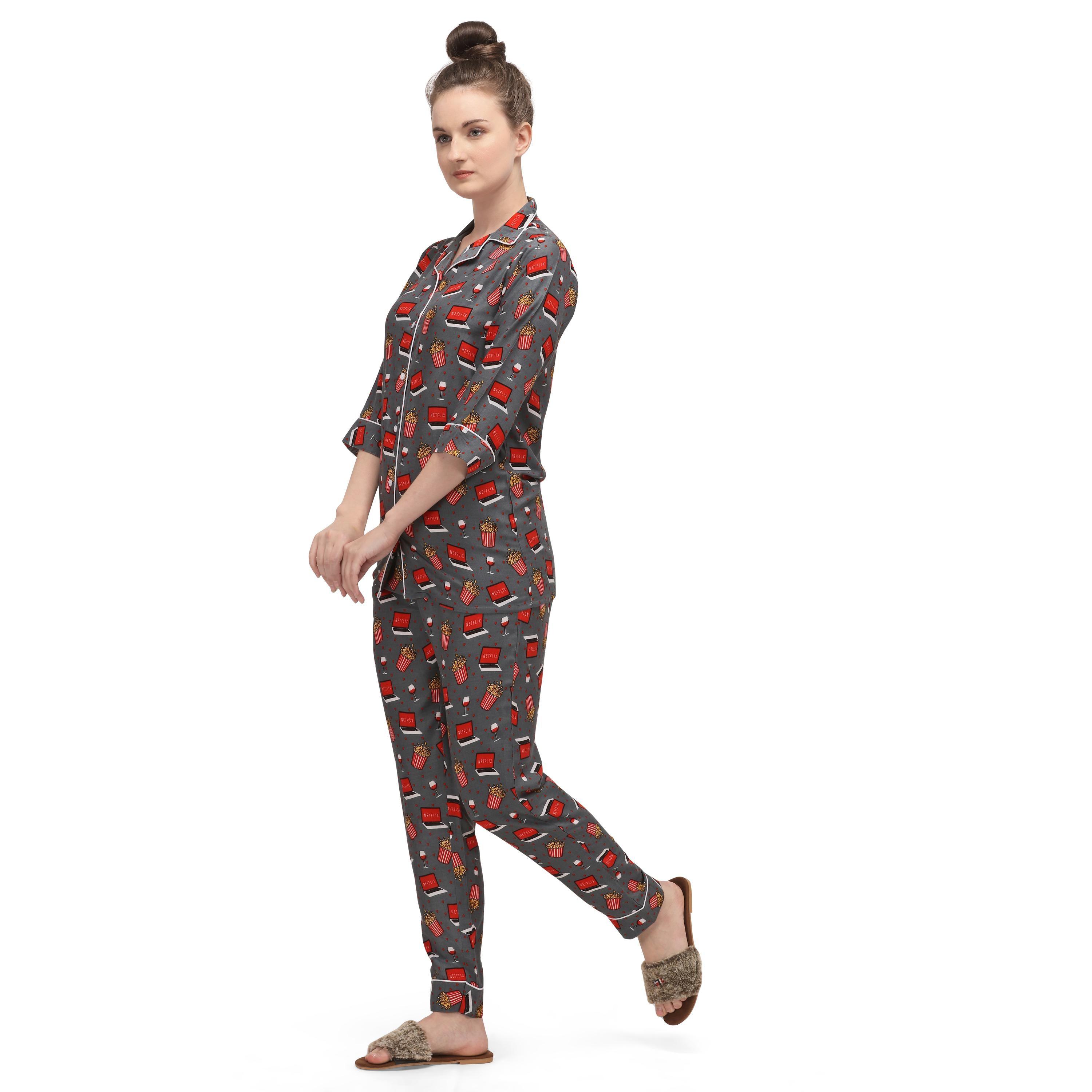 Grey Casual Wear Printed Rayon Night Suit - Peachmode