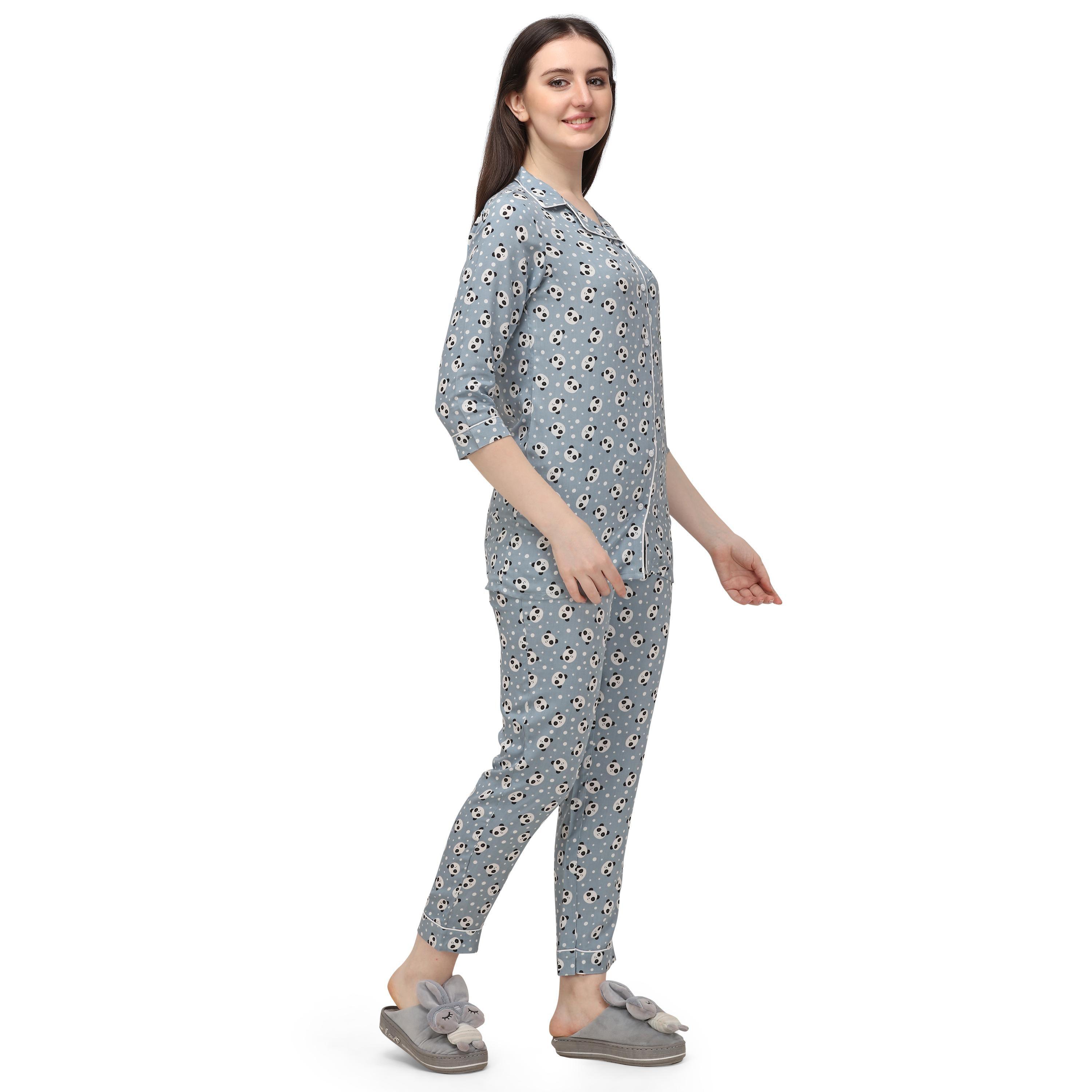 Grey Casual Wear Printed Rayon Night Suit - Peachmode