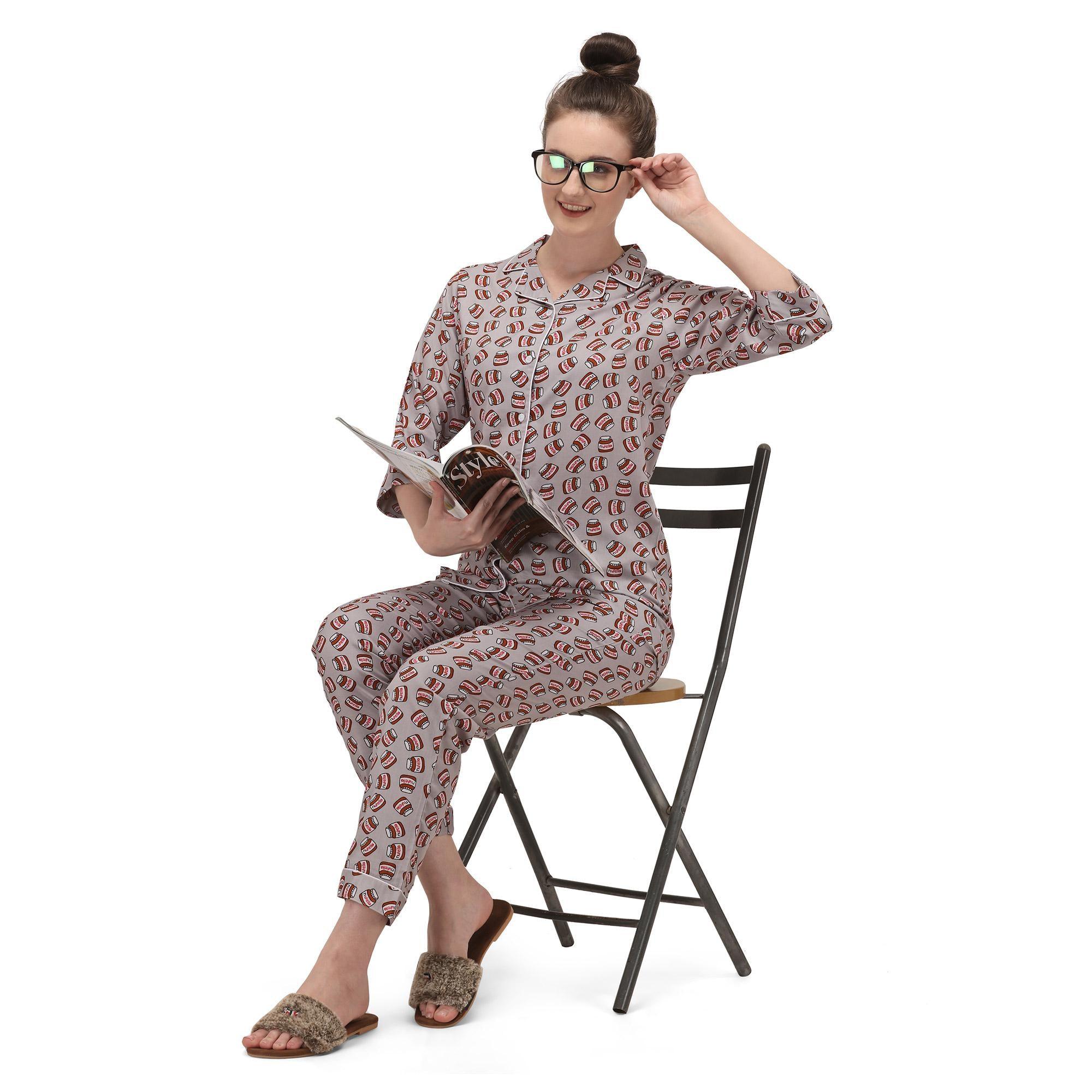 Grey Casual Wear Printed Rayon Night Suit - Peachmode