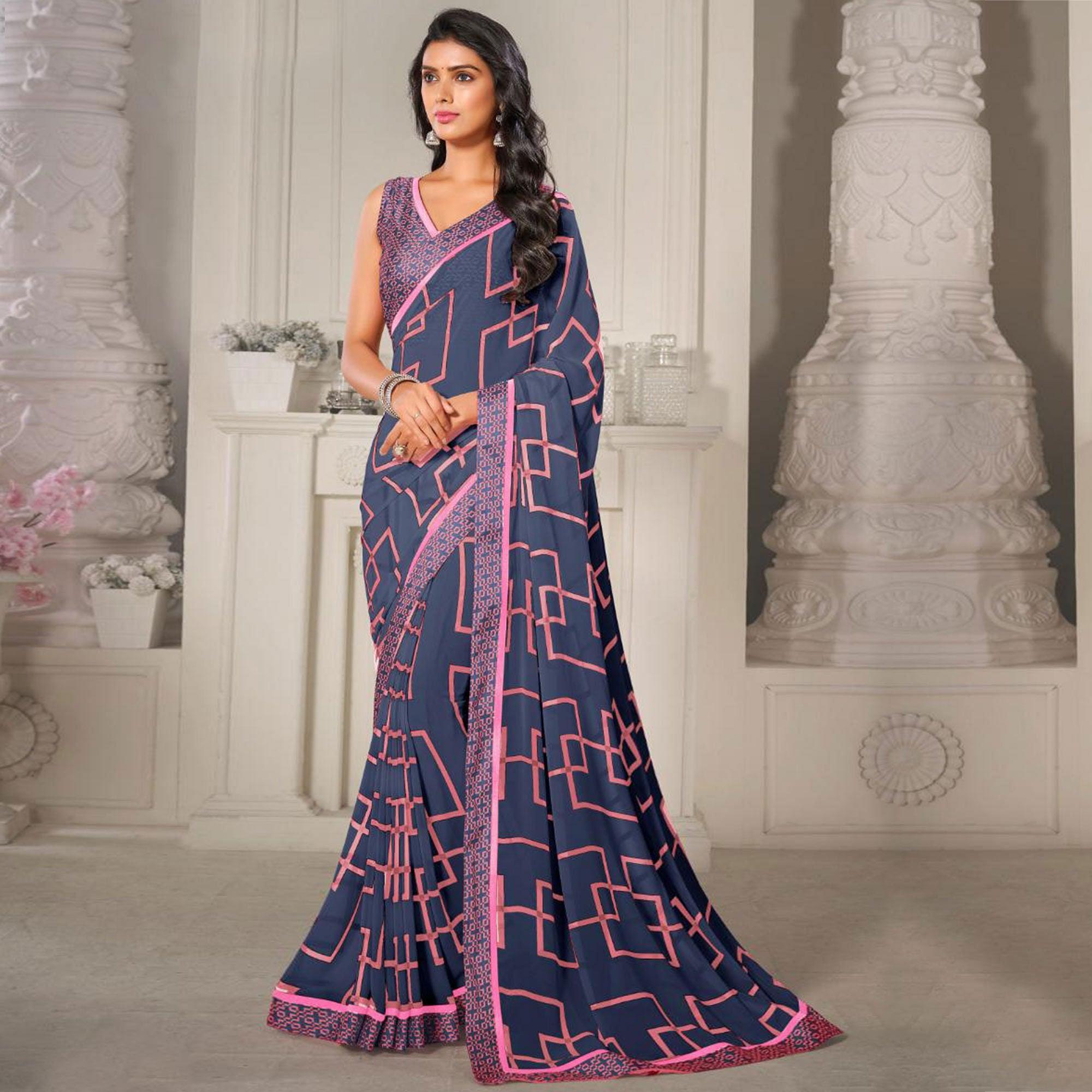 Grey Casual Wear Printed Satin Saree - Peachmode