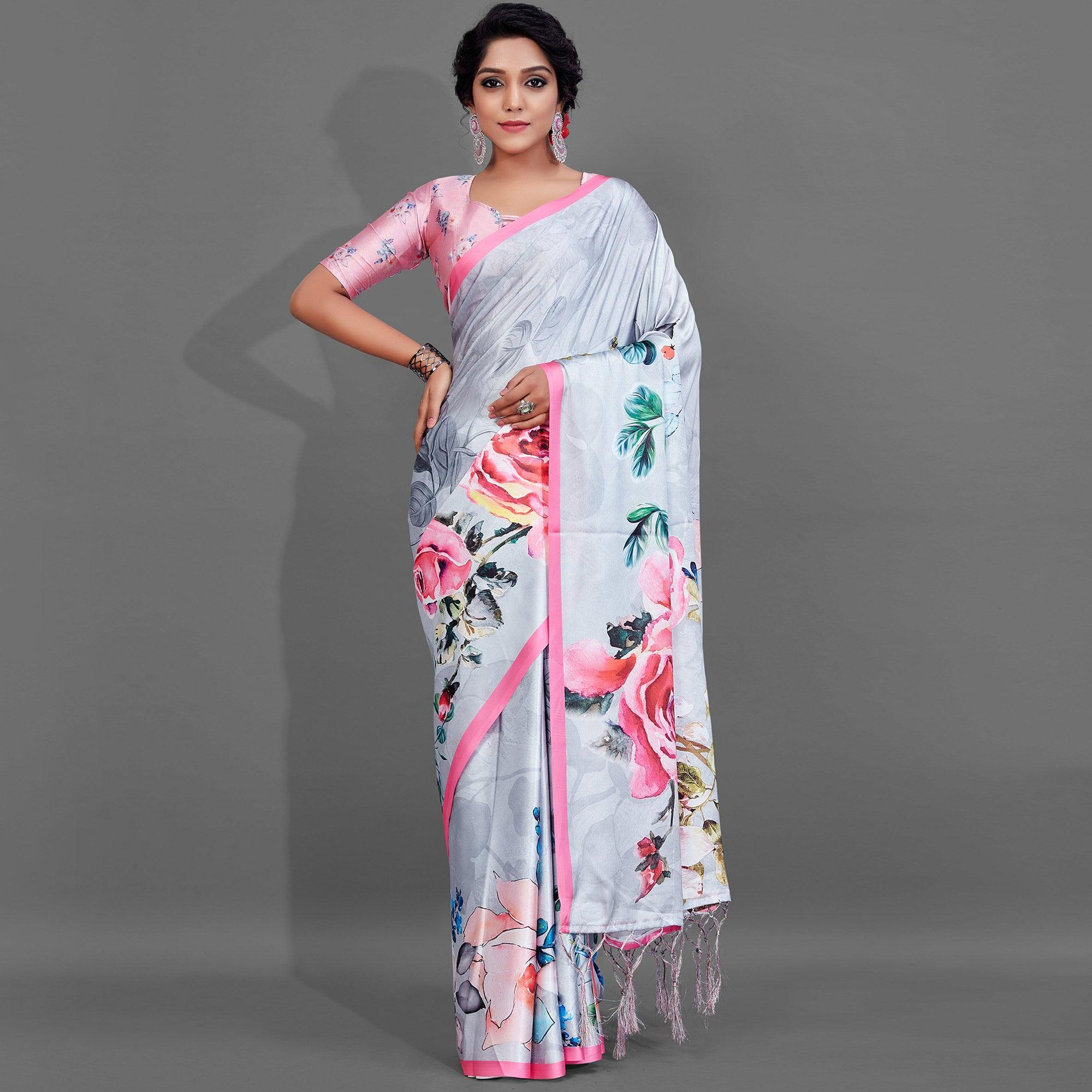 Grey Casual Wear Printed Satin Silk Saree - Peachmode