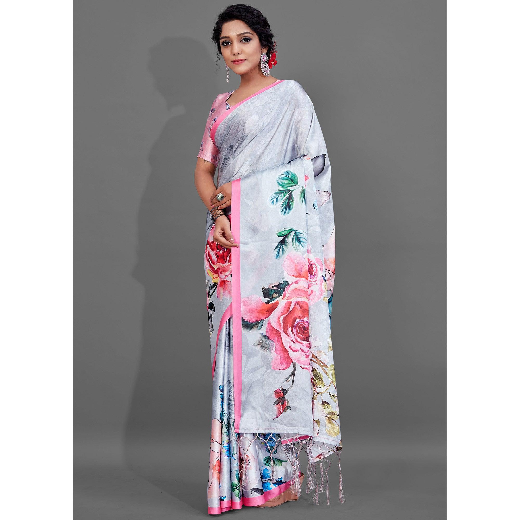 Grey Casual Wear Printed Satin Silk Saree - Peachmode