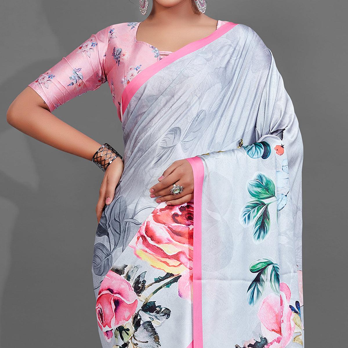 Grey Casual Wear Printed Satin Silk Saree - Peachmode