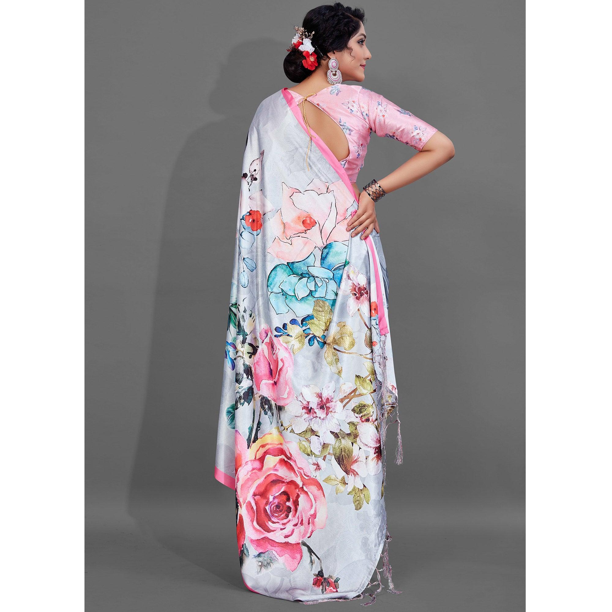 Grey Casual Wear Printed Satin Silk Saree - Peachmode