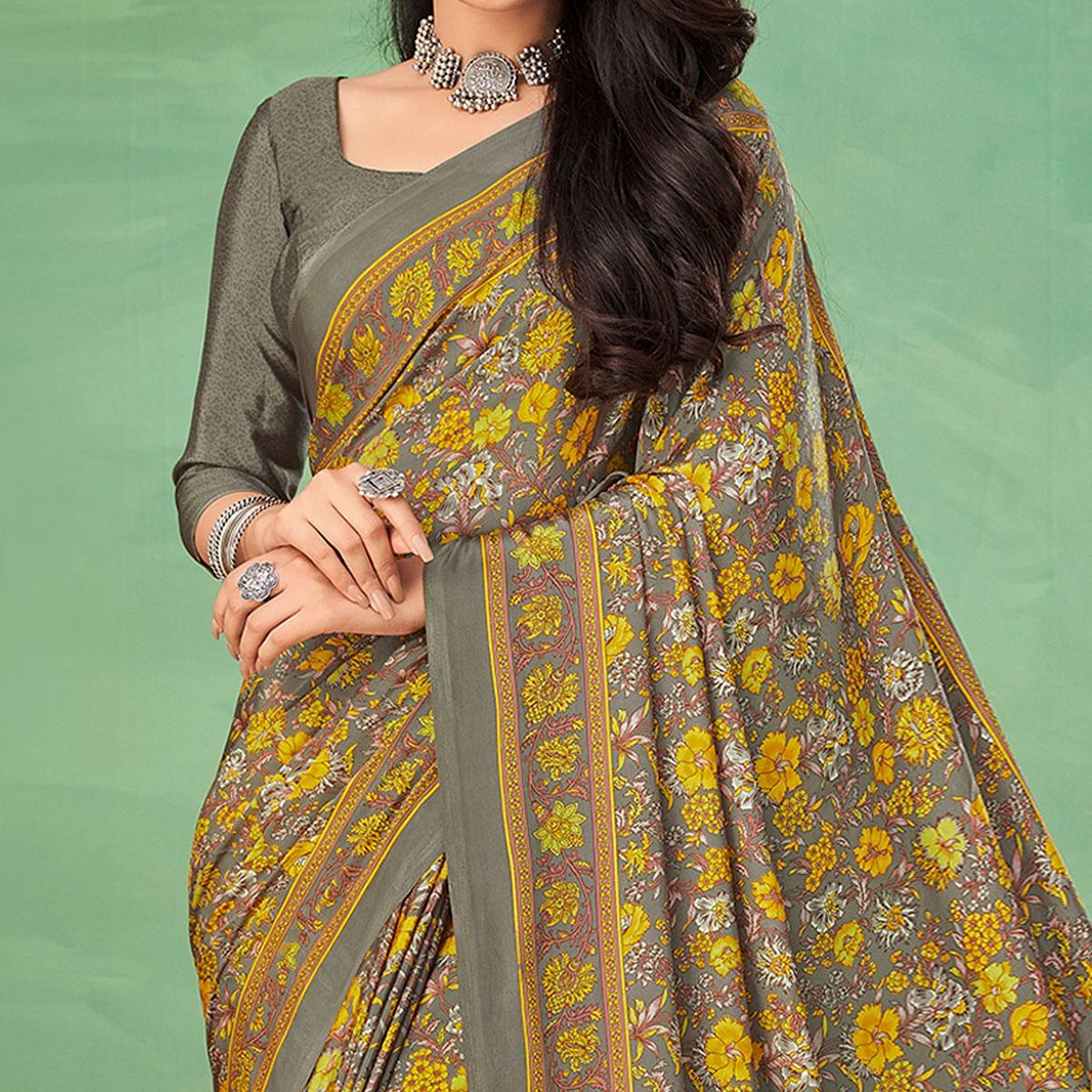 Grey Casual Wear Printed Silk Saree - Peachmode