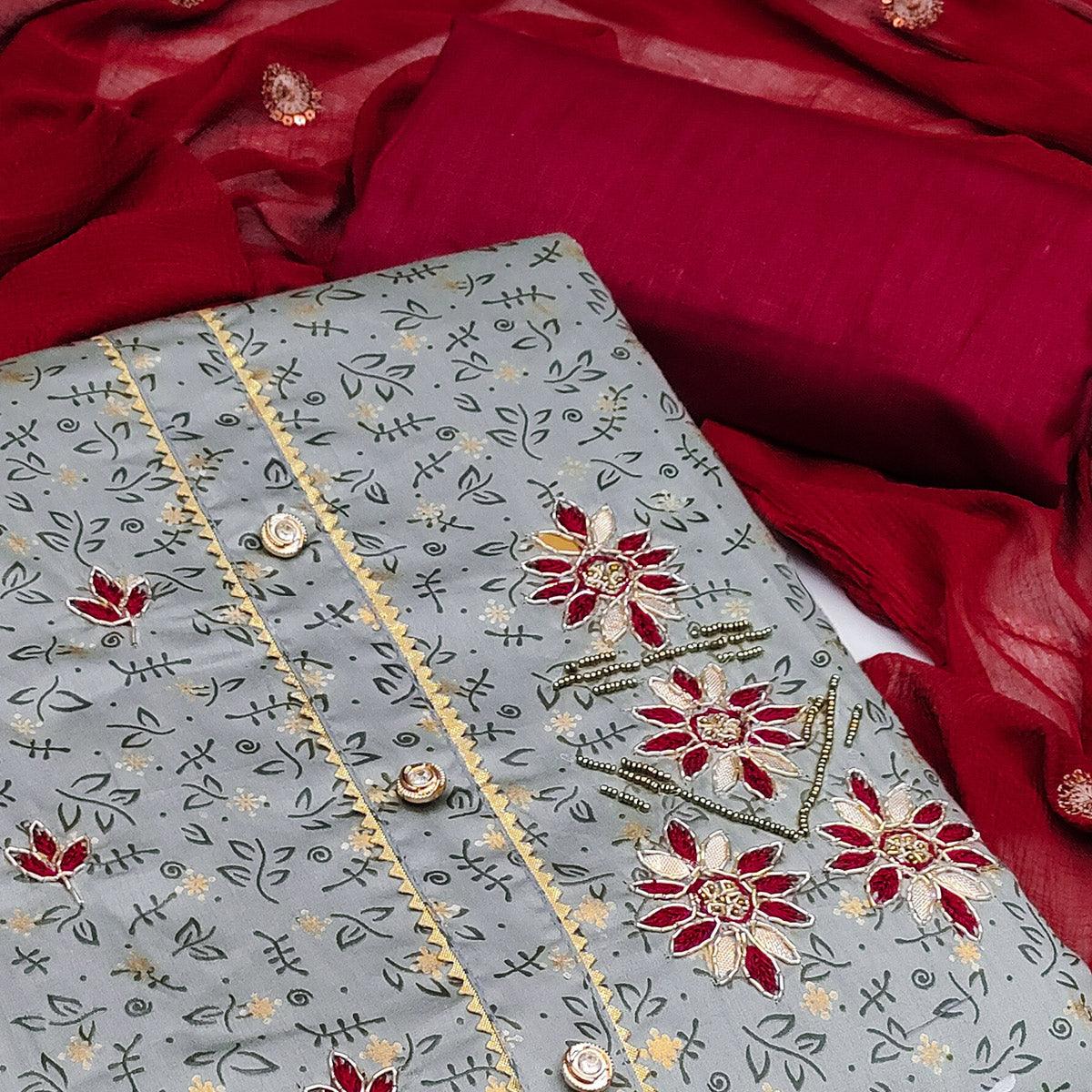Grey Casual Wear Sequence & Printed Cotton Dress Material - Peachmode