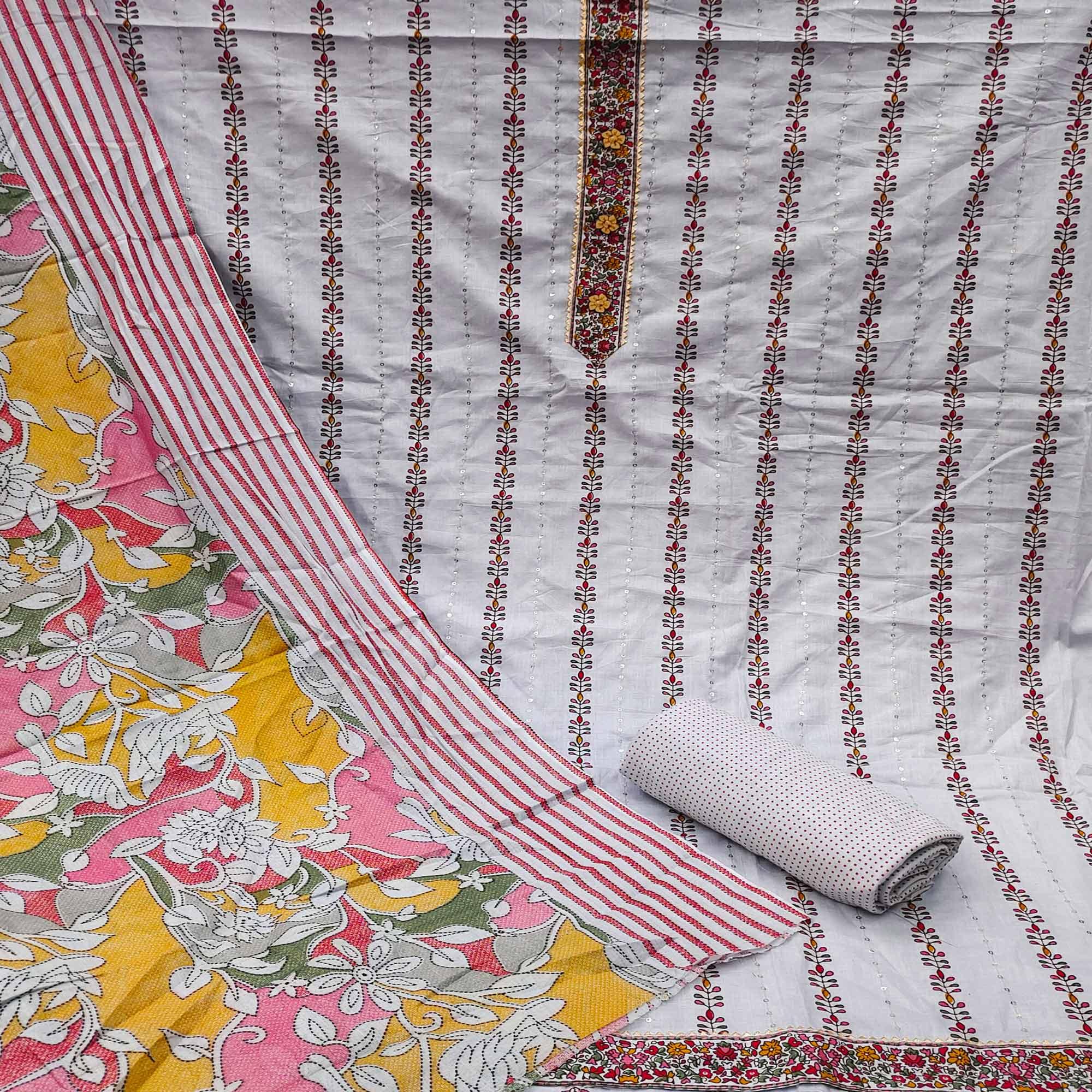 Grey Casual Wear Sequence & Printed Cotton Dress Material - Peachmode