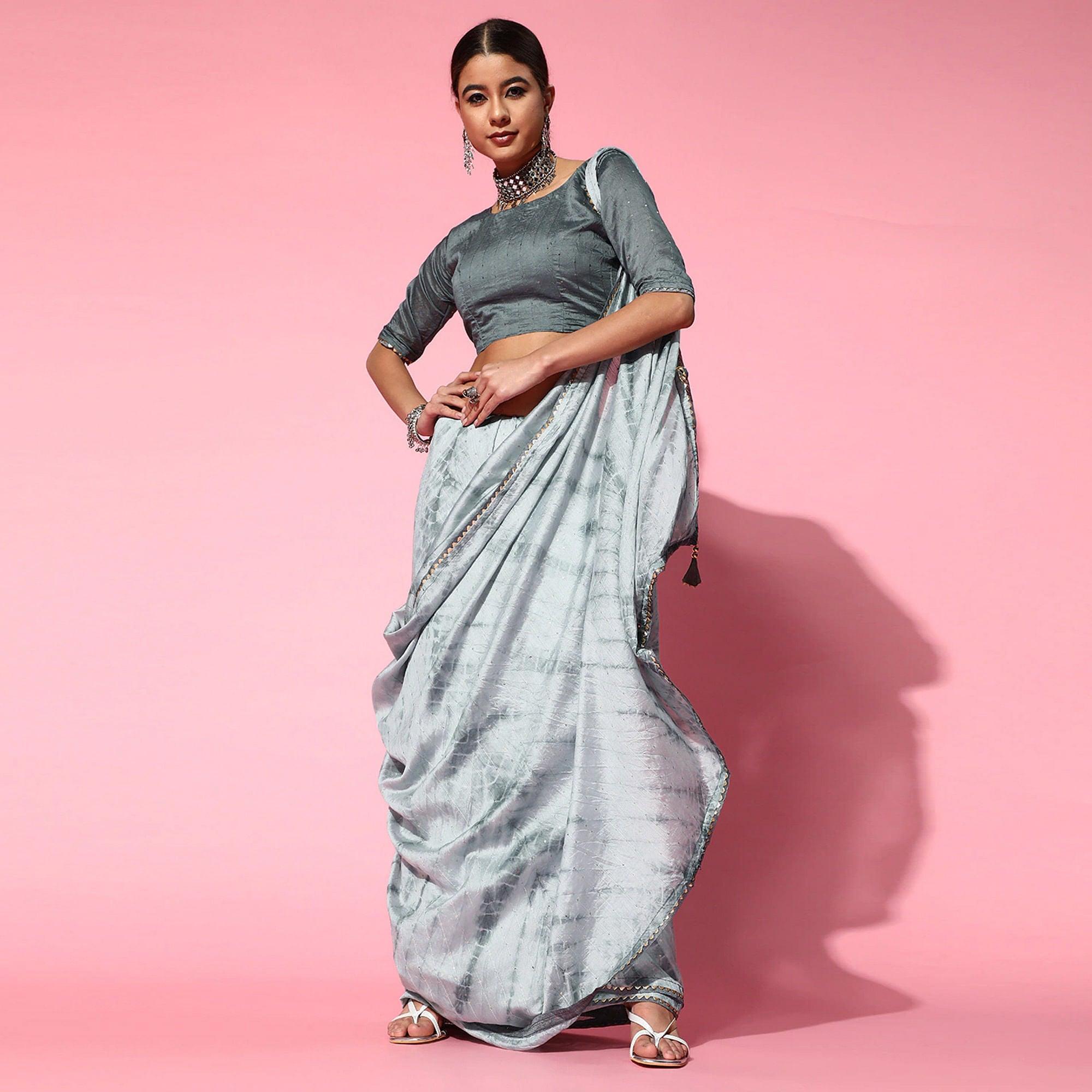 Grey Casual Wear Sequence Work Pure Cotton Silk Saree - Peachmode