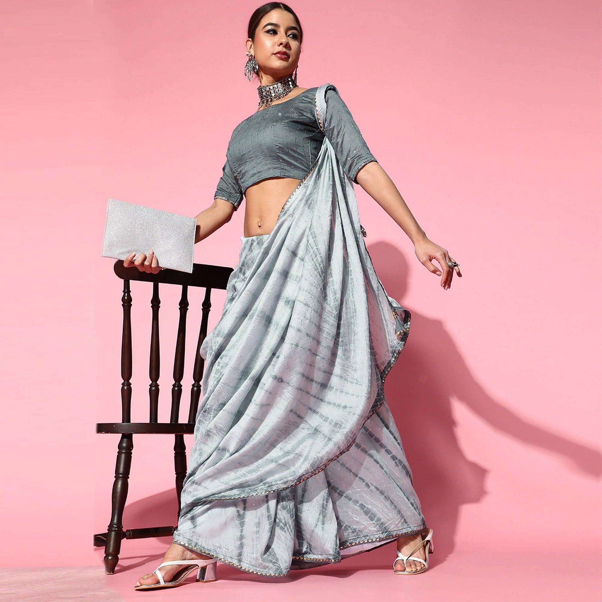Grey Casual Wear Sequence Work Pure Cotton Silk Saree - Peachmode
