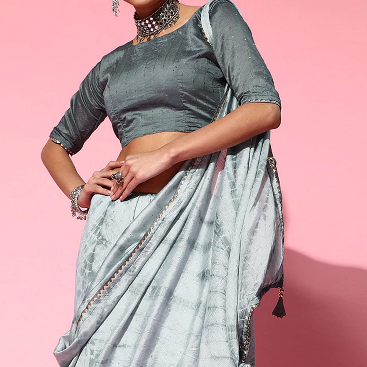 Grey Casual Wear Sequence Work Pure Cotton Silk Saree - Peachmode