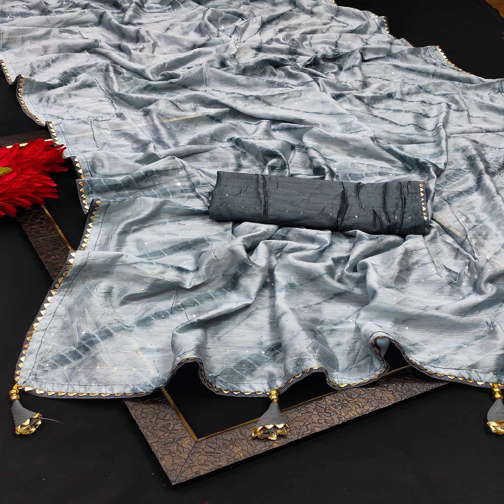 Grey Casual Wear Sequence Work Pure Cotton Silk Saree - Peachmode