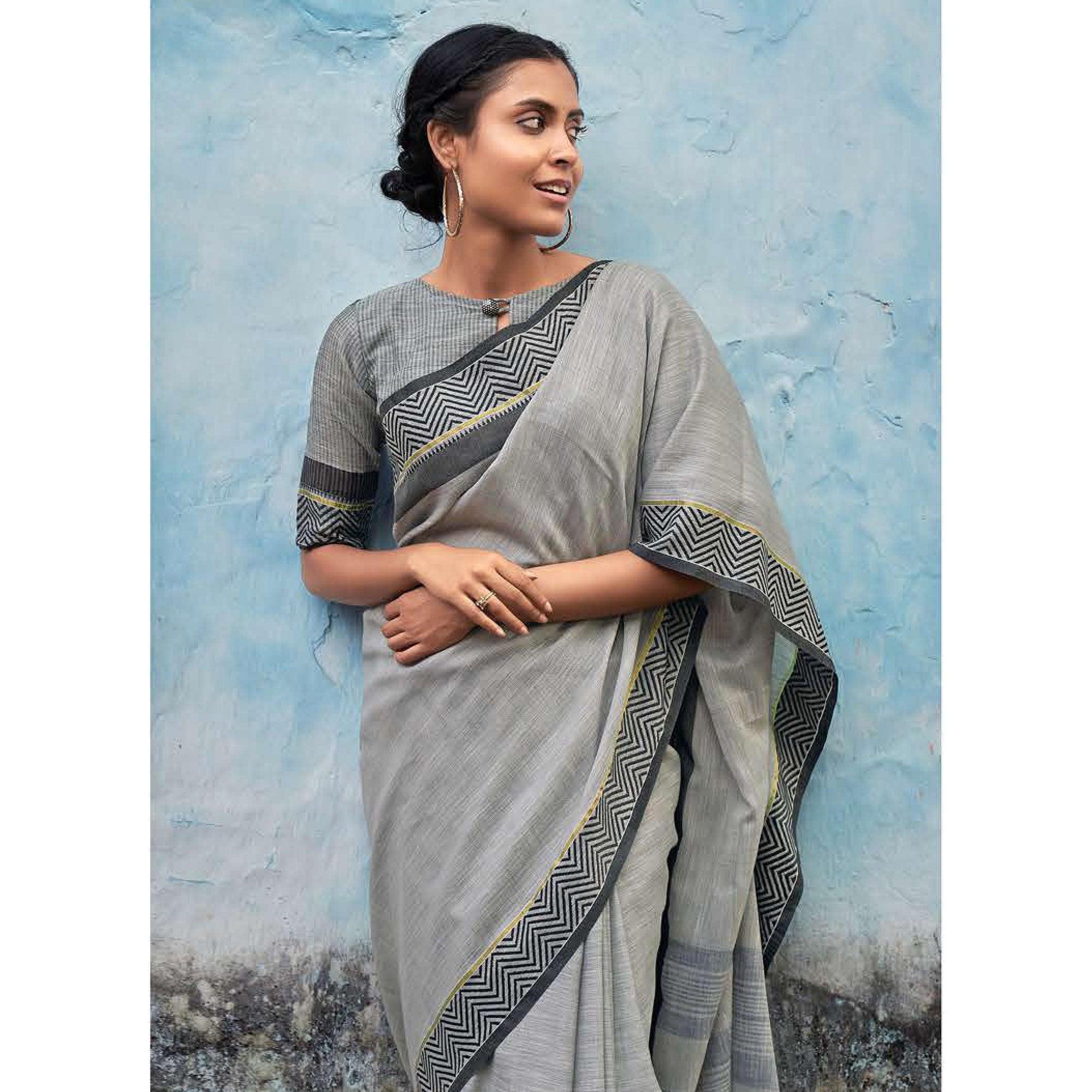 Grey Casual Wear Solid Linen Saree - Peachmode